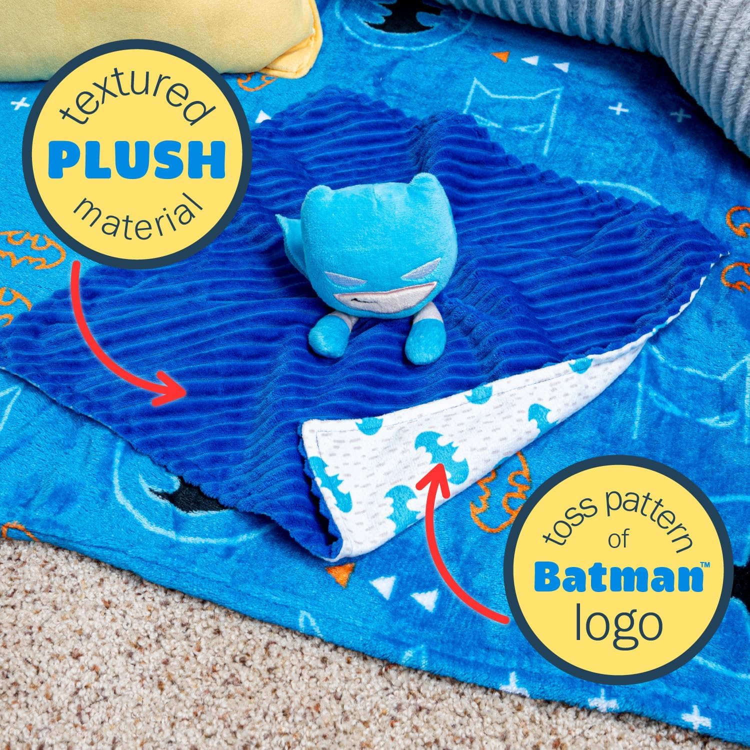 KIDS PREFERRED DC Comics the Batman Lovey Security Blanket, Soft Huggable Dark Knight Plush Lovey Toy for Baby and Infant Boys and Girls, Textured Blanket with Batman Logo image number 3