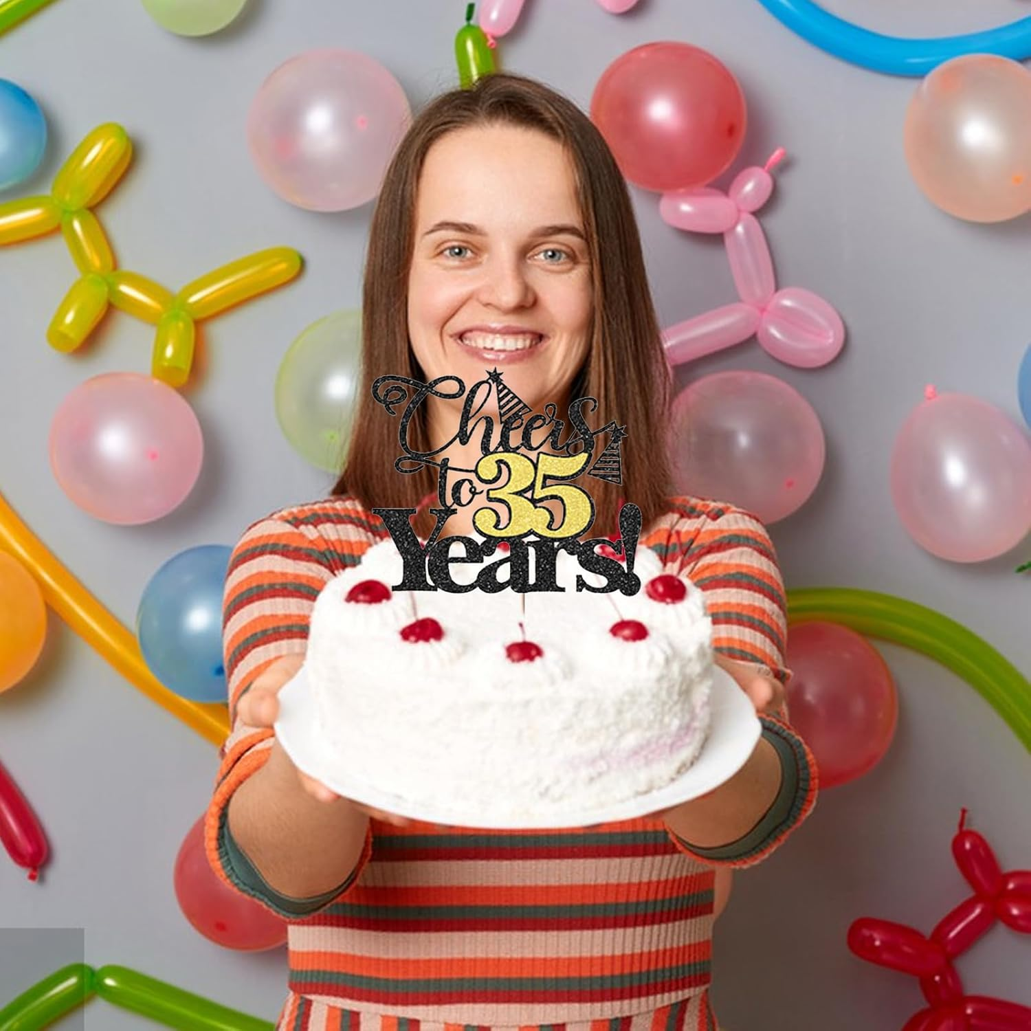 Chris.W 1 Pack Cheers to 35 Years Cake Topper, Black and Gold Glitter 35Th Birthday Cake Pick, Happy 35Th Cake Decoration for 35 Anniversary Birthday Party Decorations Supplies