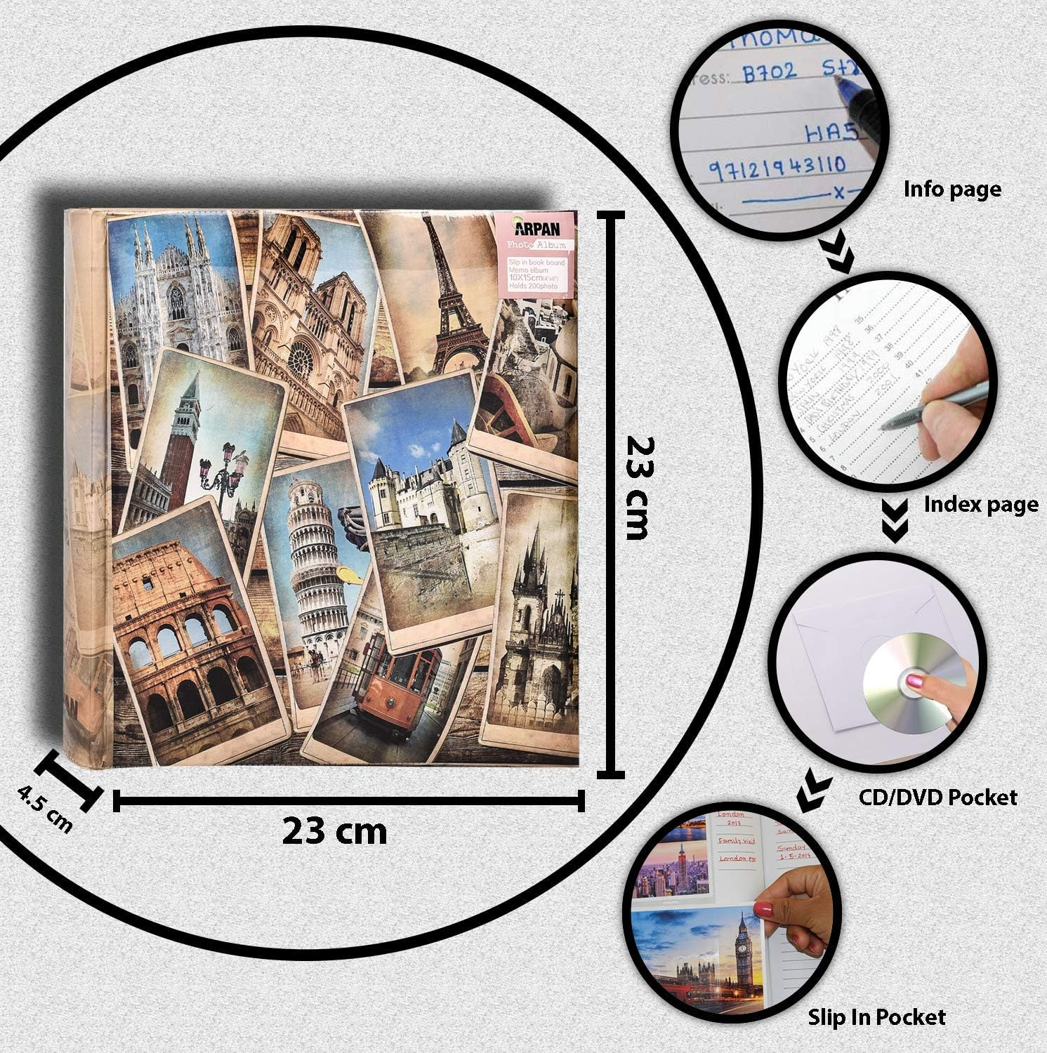 Arpan 10 X 15 Cm Vintage Collage - Uk-European Travel Memo Photo Album for 200 Photos 4 X 6''