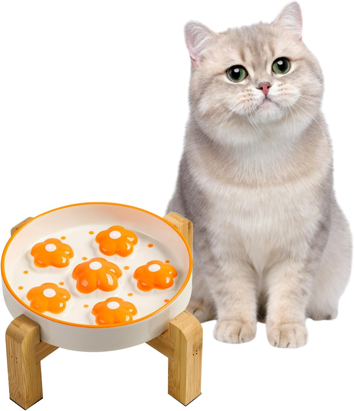 Elevated Slow Feeding Cat Bowl - Raised Anti-Slip Bamboo Stand - Colorful Maze Cat Dish - 6 OZ - Bright Orange Flower