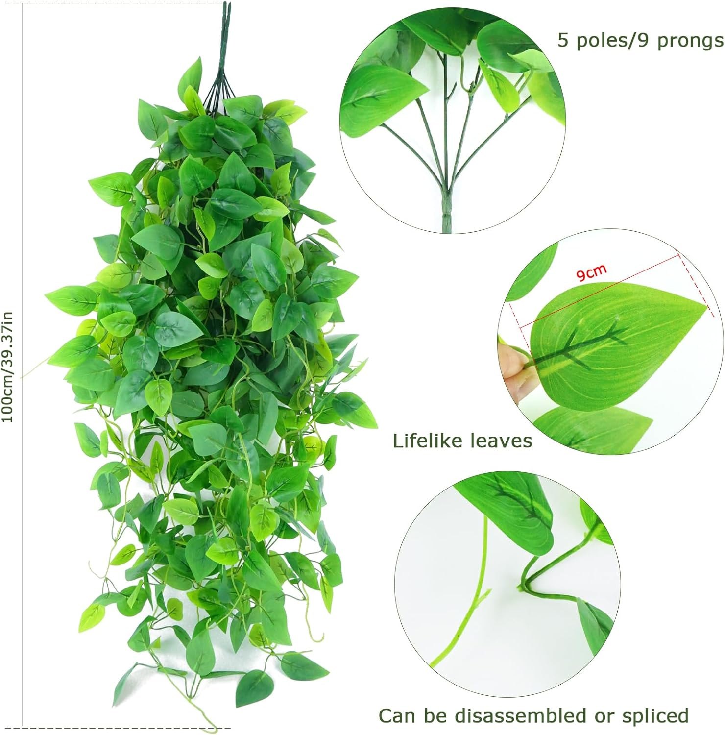 Lenamos Fake Hanging Plants, 2Pcs Artificial Hanging Plant, Faux Pothos Vines Hanging Plant Greenery for Wall Home Living Room Indoor Outdoor Decor (No Baskets) image number 6