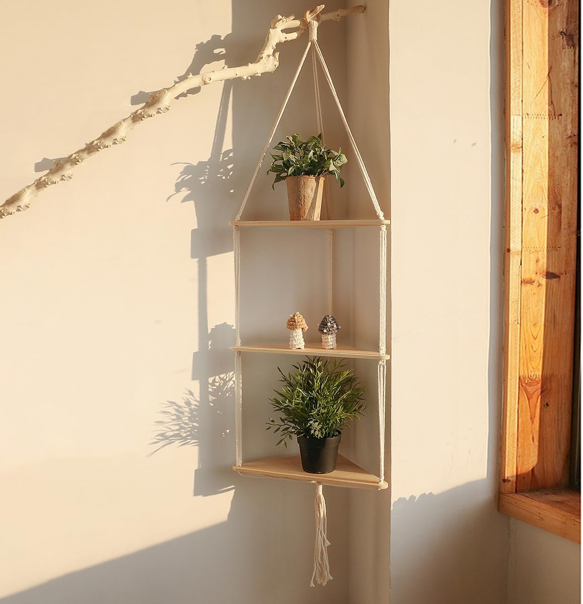 Artilady White Corner Floating Shelves Wall Hanging- Macrame 3 Tier Corner Shelf Plant Wall Decor Boho Rustic Wooden Storage Orgnizer for Bedroom Living Room Pots Photos - Black 3 Layers image number 6