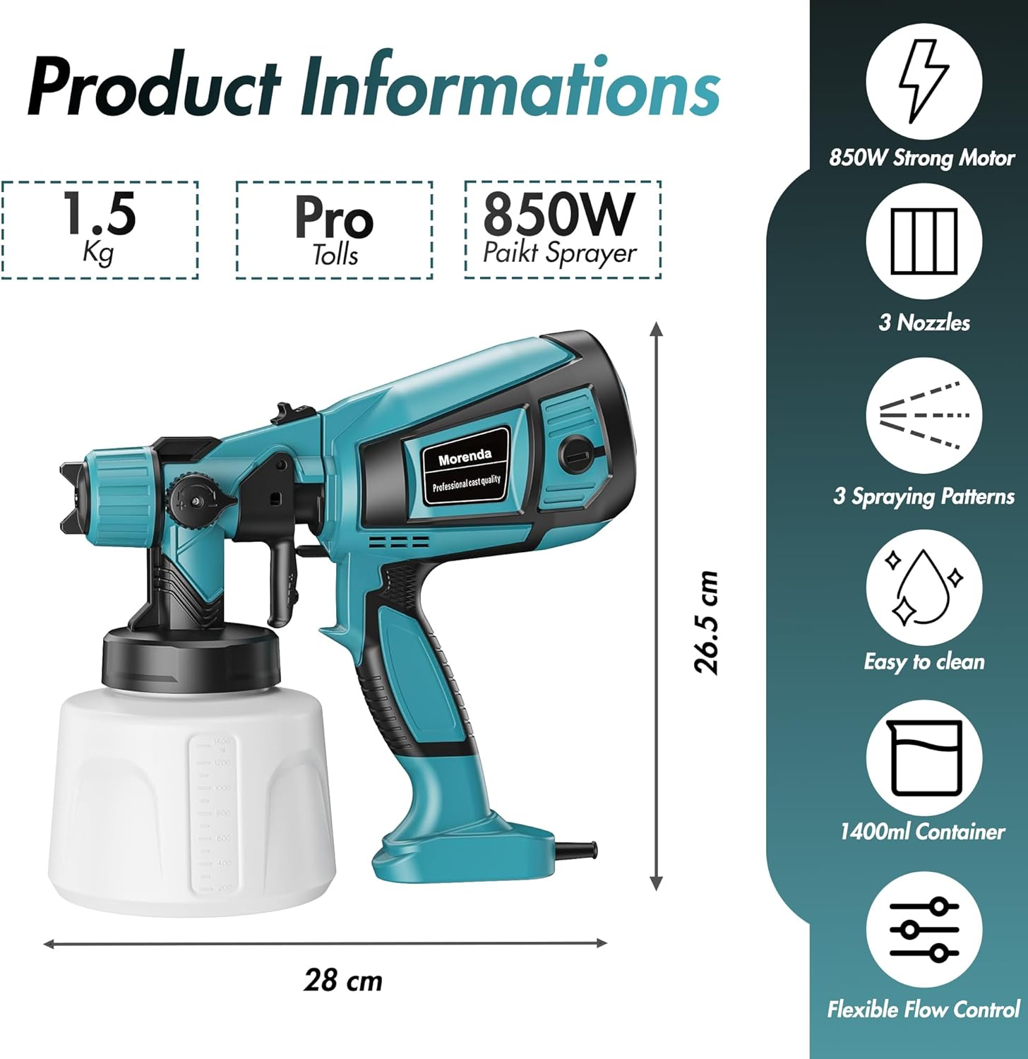 MORENDA 850W Handheld Electric Paint Spray Gun, 1400Ml Portable Home HVLP Spray Paint Machine with 3 Copper Nozzle Sizes and 3 Spray Patterns for Car, Furniture, Wall Cabinet, Fence, Door (Blue)