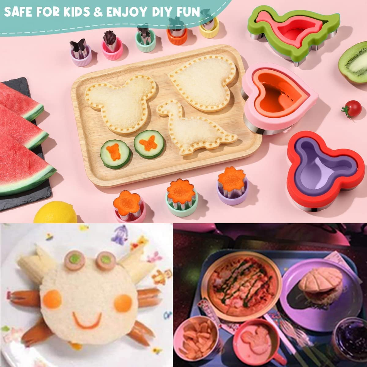 20Pcs Sandwich Cutter and Sealer Set for Kids, Stainless Steel Uncrustable Sandwich Maker Decruster Cookie Cutters Fruit Vegetable Cutter for Boys Girls Adult Lunch Bento Box with Heart Square Mouse Dinosaur Star Circle Shapes, Etc image number 2