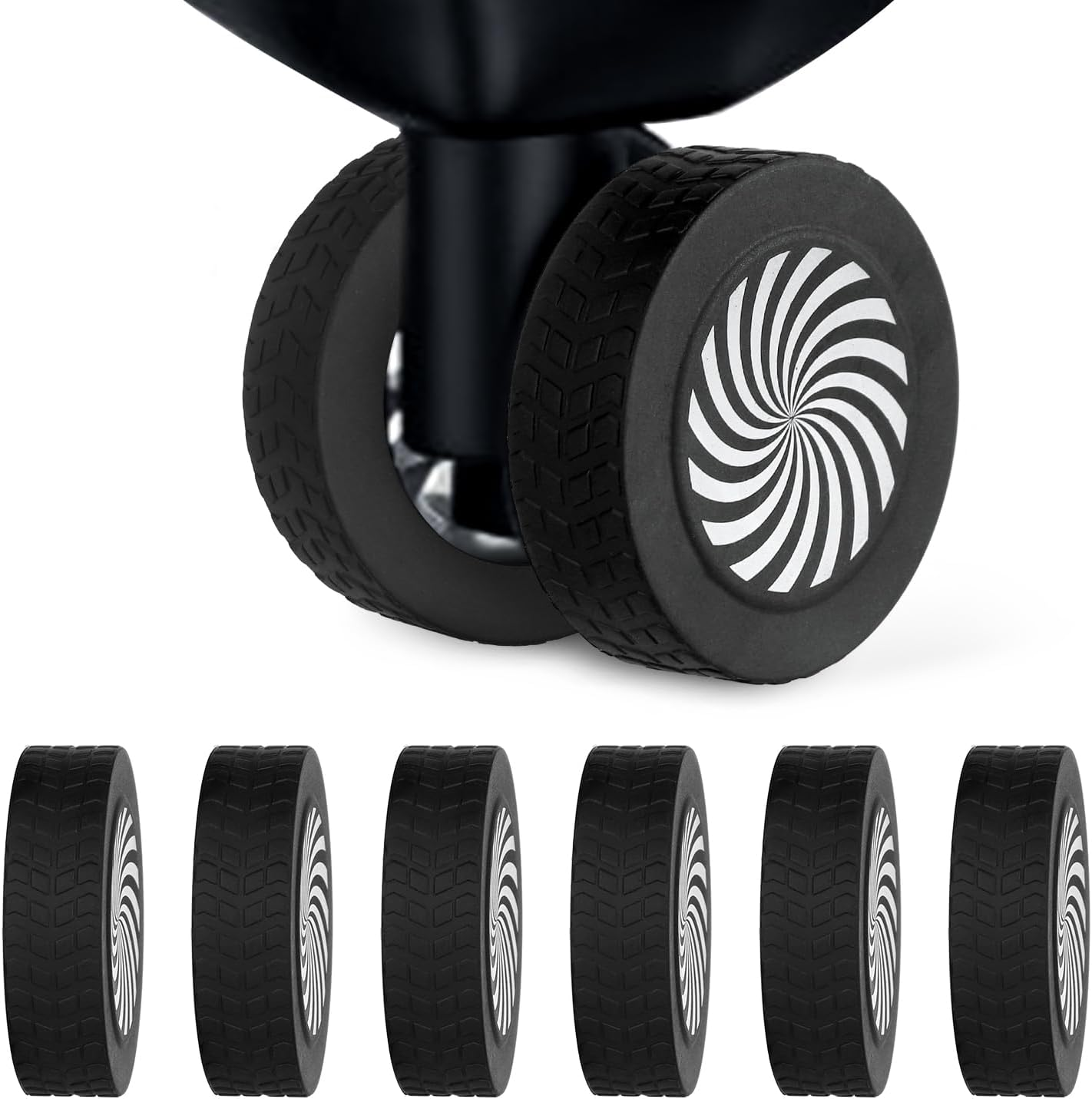 BOXOB 8Pcs Luggage Wheel Protector Covers, 2.05X0.55 Inch Silicone Suitcase Wheel Covers Black White Design Accessories Noise-Proof for Most Adult Children 8-Spinner Wheels Sleeve Suitcase image number 4