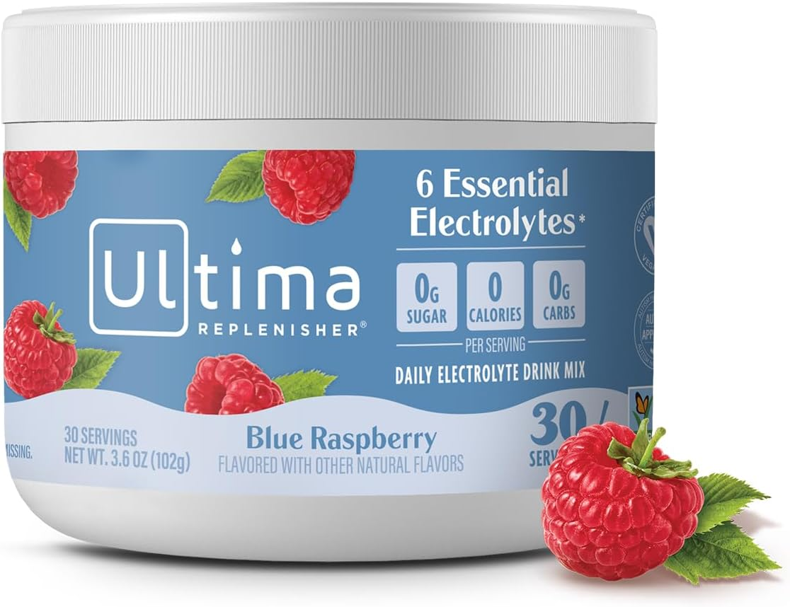 Ultima Replenisher Electrolyte Hydration Powder, Blue Raspberry, 30 Servings - Sugar Free, 0 Calories, 0 Carbs - Gluten-Free, Keto, Non-Gmo, Vegan, with Magnesium, Potassium, Calcium