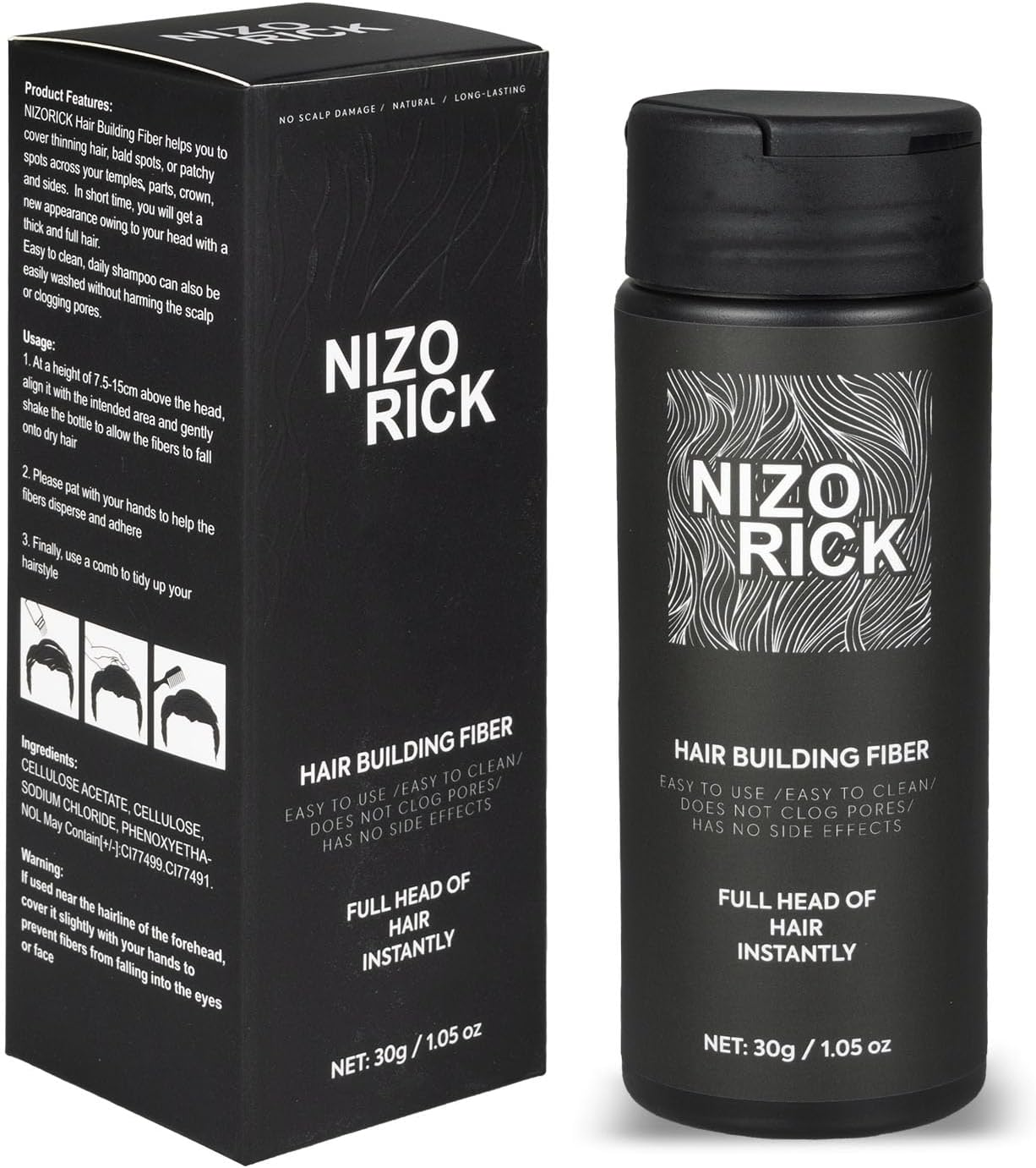 Hair Fibers for Thinning Hair,Hair Building Fibers Instantly Thicker & Fuller Look,Conceals Hair Loss Fill in Fine Hair Powder for Women and Men 30G/1.05Oz (Black)