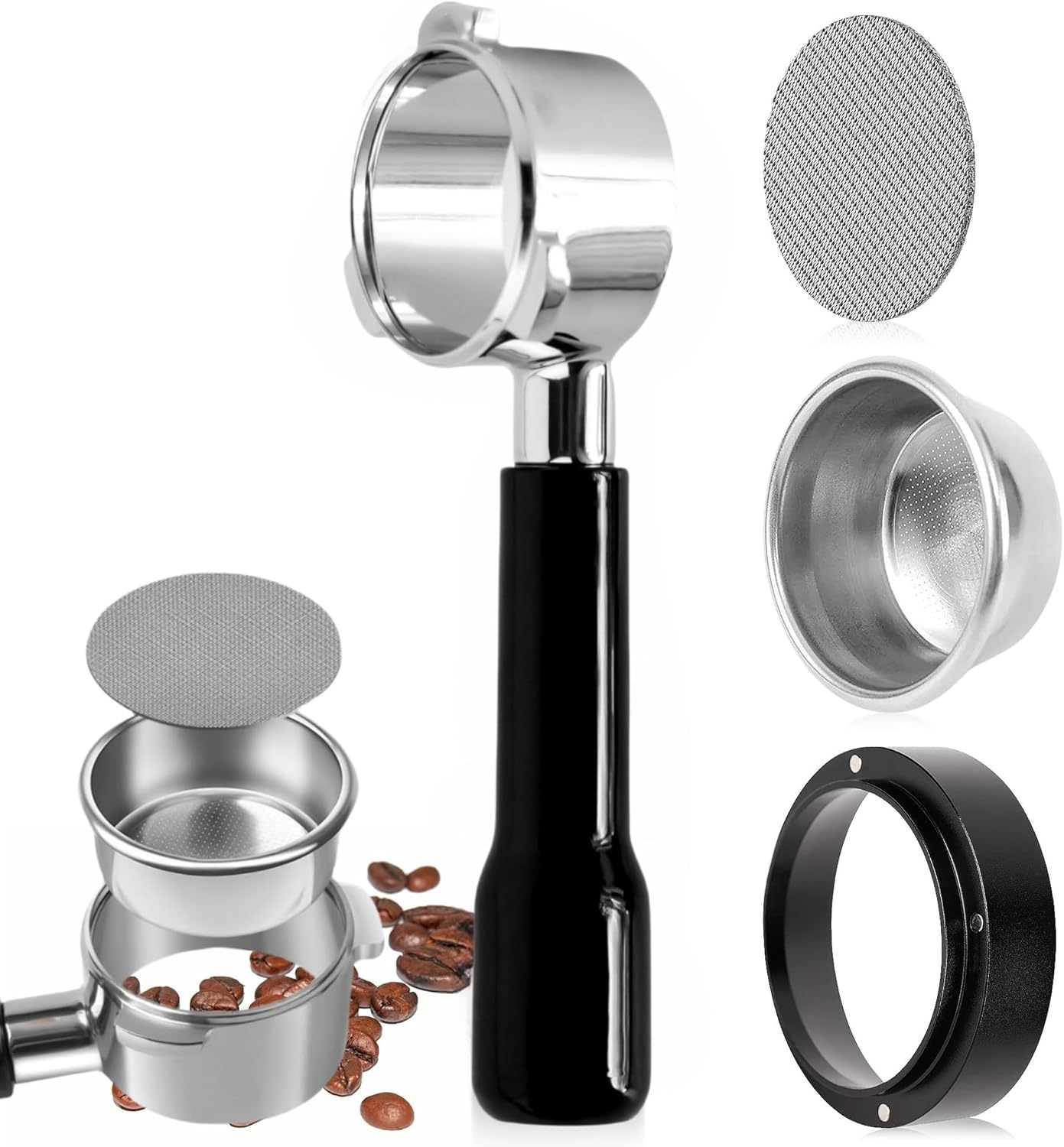 51Mm Bottomless Portafilter with 3 Ears Fit for Delonghis EC680, EC685 & EC885 Espresso Machine,Stainless Steel, with Dosing Funnel,Screen, & IMS Precision Basket (Black ABS Handle)