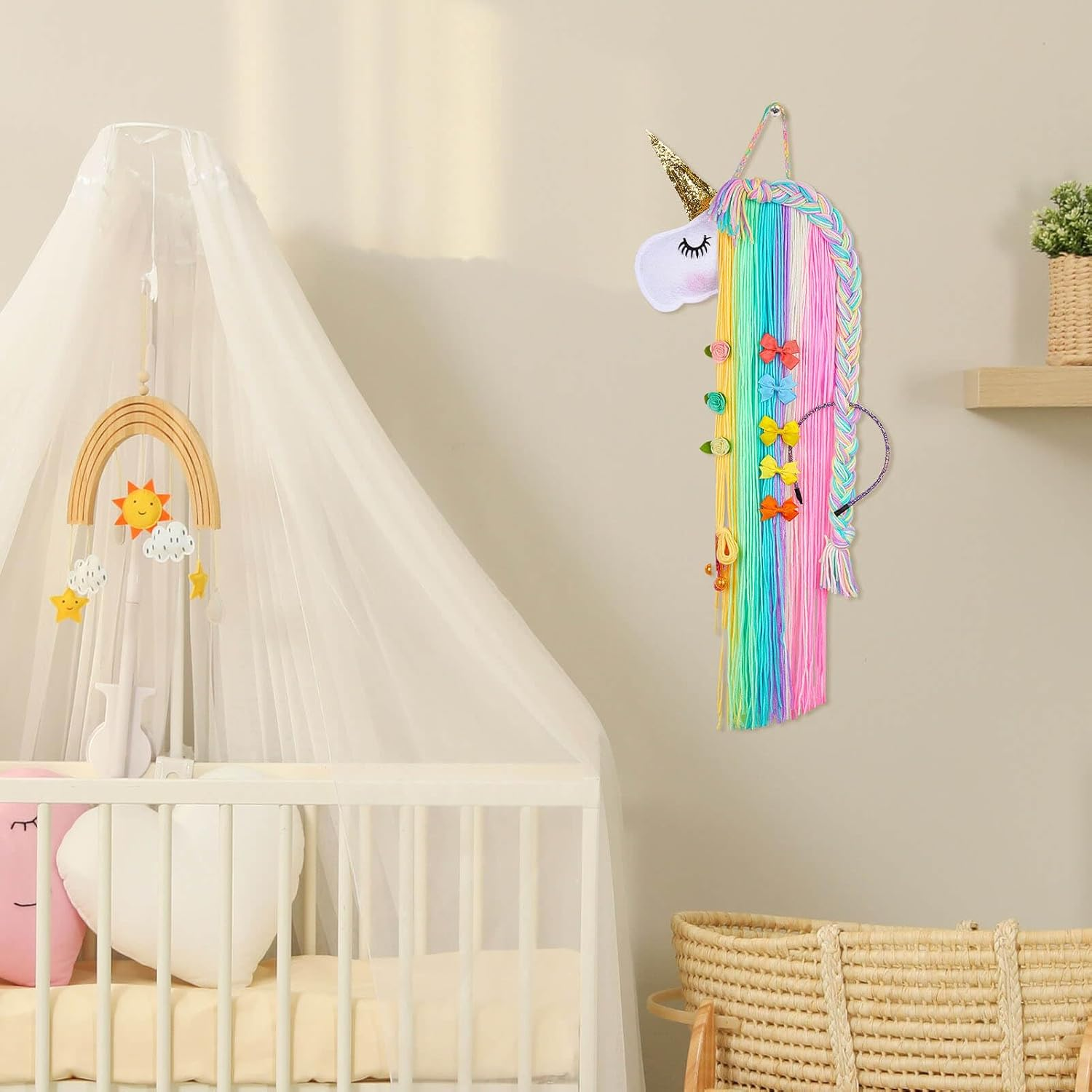 MHJY Unicorn Hair Clips Holder Rainbow Headband Holder Yarn Tassels Hair Bows Storage Unicorn Face Hair Band Organizer Girls Hair Accessories Decorations 1Pc