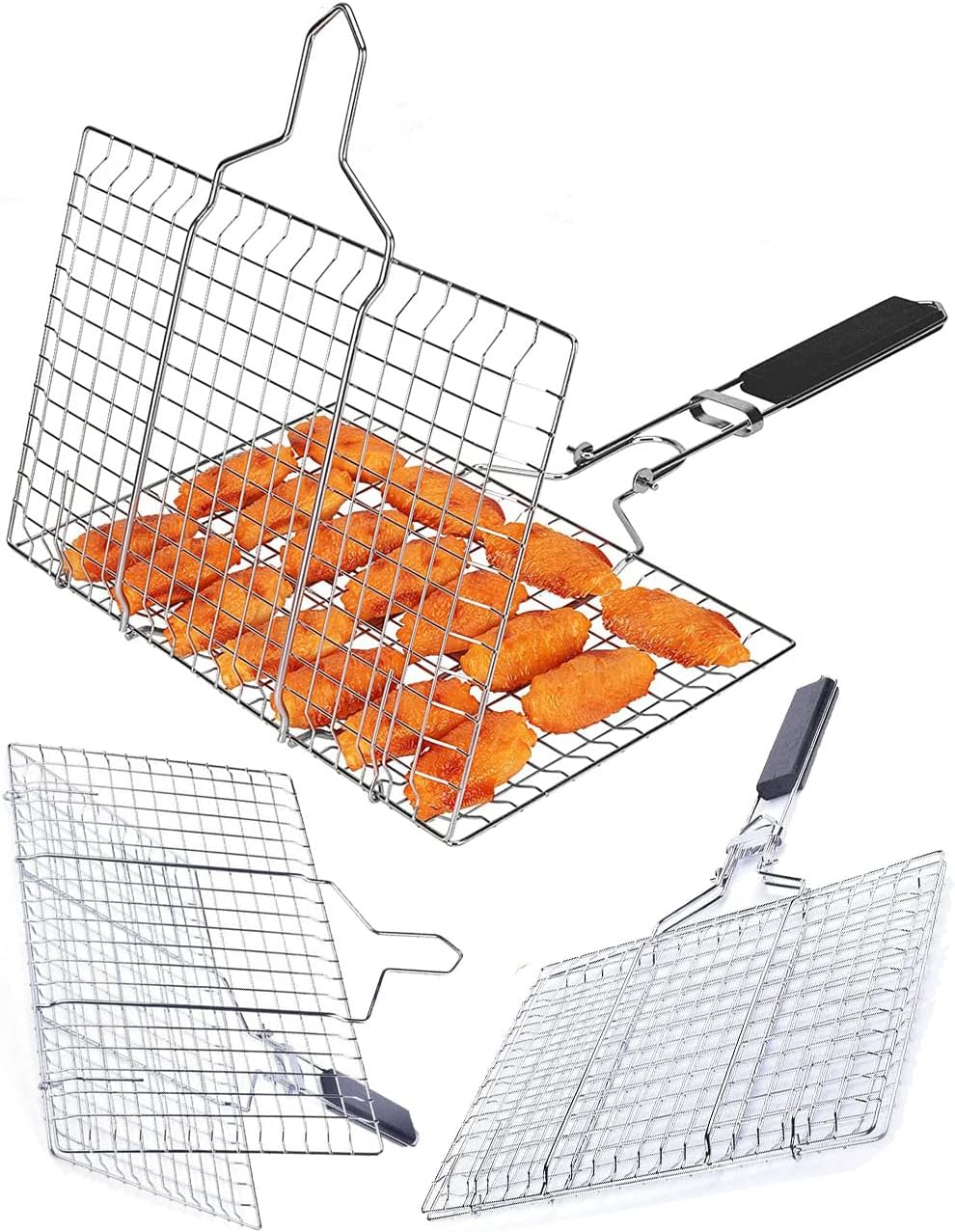 Barbecue Grill Basket with Handle, Stainless Steel Vegetable Grill Basket Value Set, Portable Fish Barbecue BBQ Grilling Basket, Foldable Non Stick Wire Mesh Net Clip for Steak Outdoor Camping (32CM) image number 4