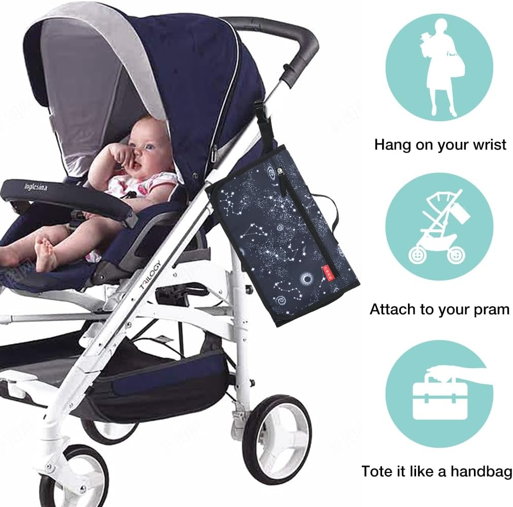 Lekebobor Portable Baby Changing Pad, Foldable Waterproof Diaper Changing Pad for Travel Baby Change Mat with Wipe-Pocket and Head Cushion, Galaxy image number 4