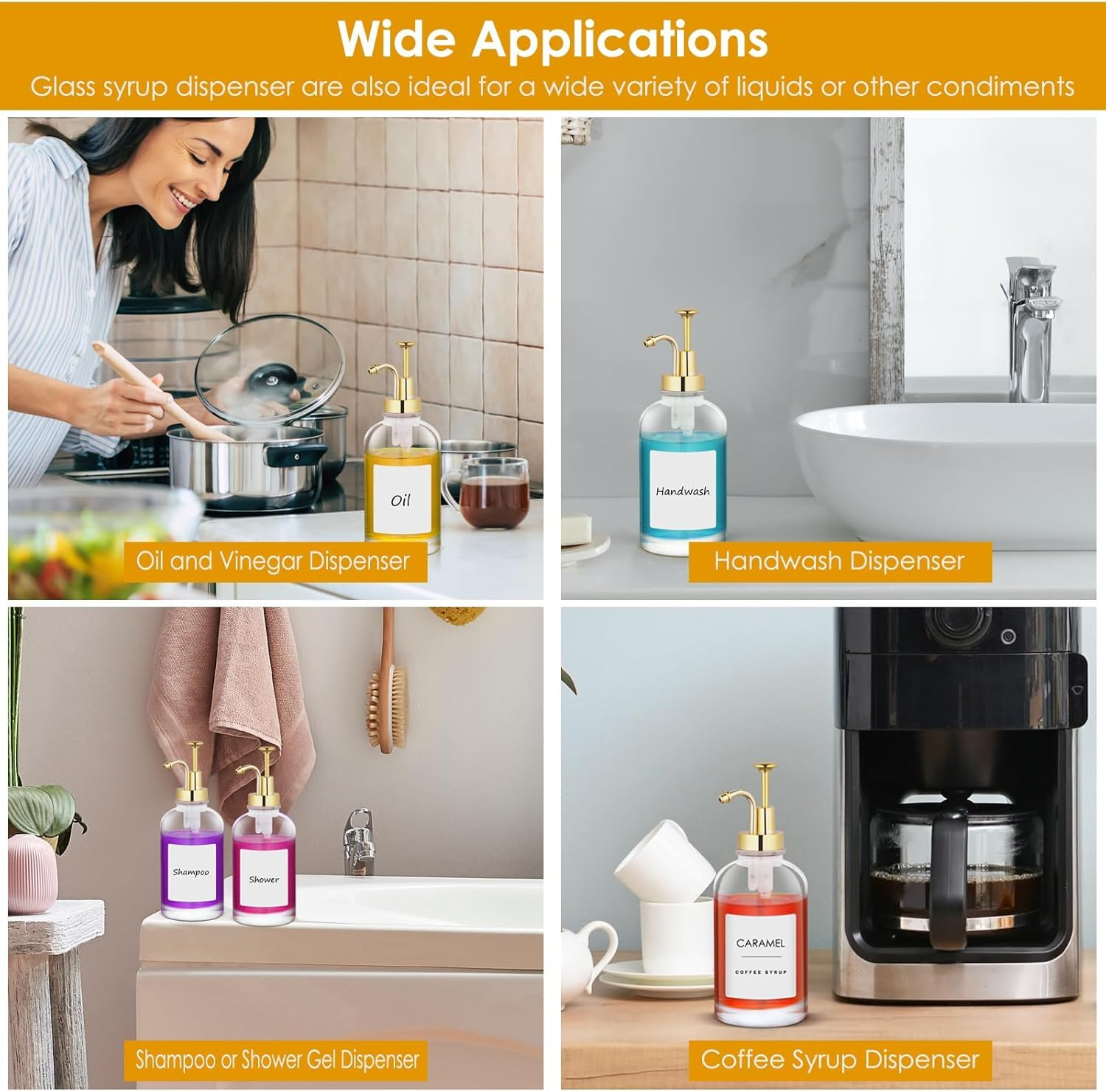 2Pack Coffee Syrup Dispenser, 500Ml Pump Dispenser for Coffees Home Bar, Glass Syrup Bottle Gold Pump, Coffee Pump Dispenser Included Funnels and Labels image number 3