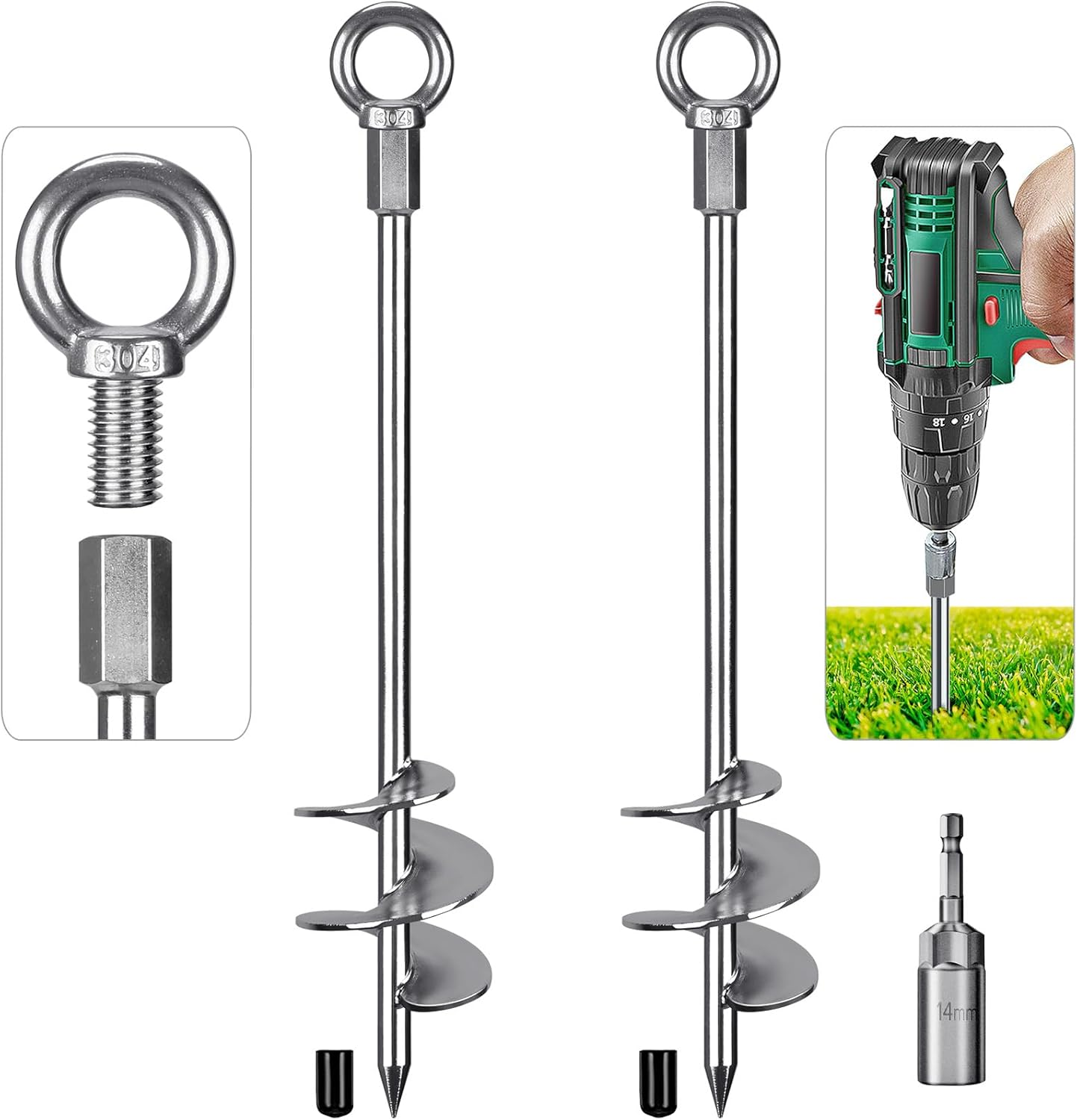 Insaga 18'' Fully Welded Ground Anchors Screw In, Wider Spiral Earth Anchor for Swing Set, 4Pcs Mobile Home Anchors, Wind Resistant Trampoline Wind Anchors, Ground Anchors for Sheds