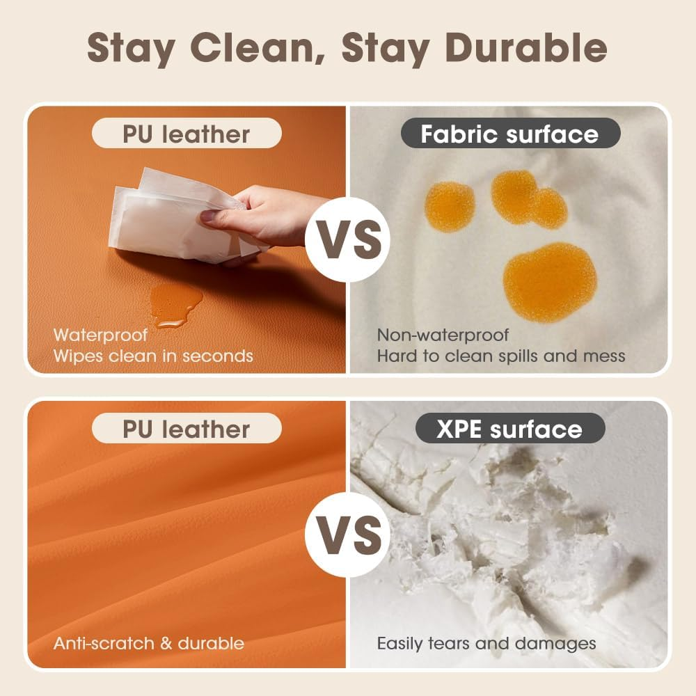 Playpals Baby Play Mat, Extra-Thick Vegan Leather Activity Mat with Washable Removable Cover, Non-Slip Cushioned Crawling Mat for Infants, Babies & Toddlers, Easy-Clean Floor Mat, 121X121Cm Brown-Orange image number 4