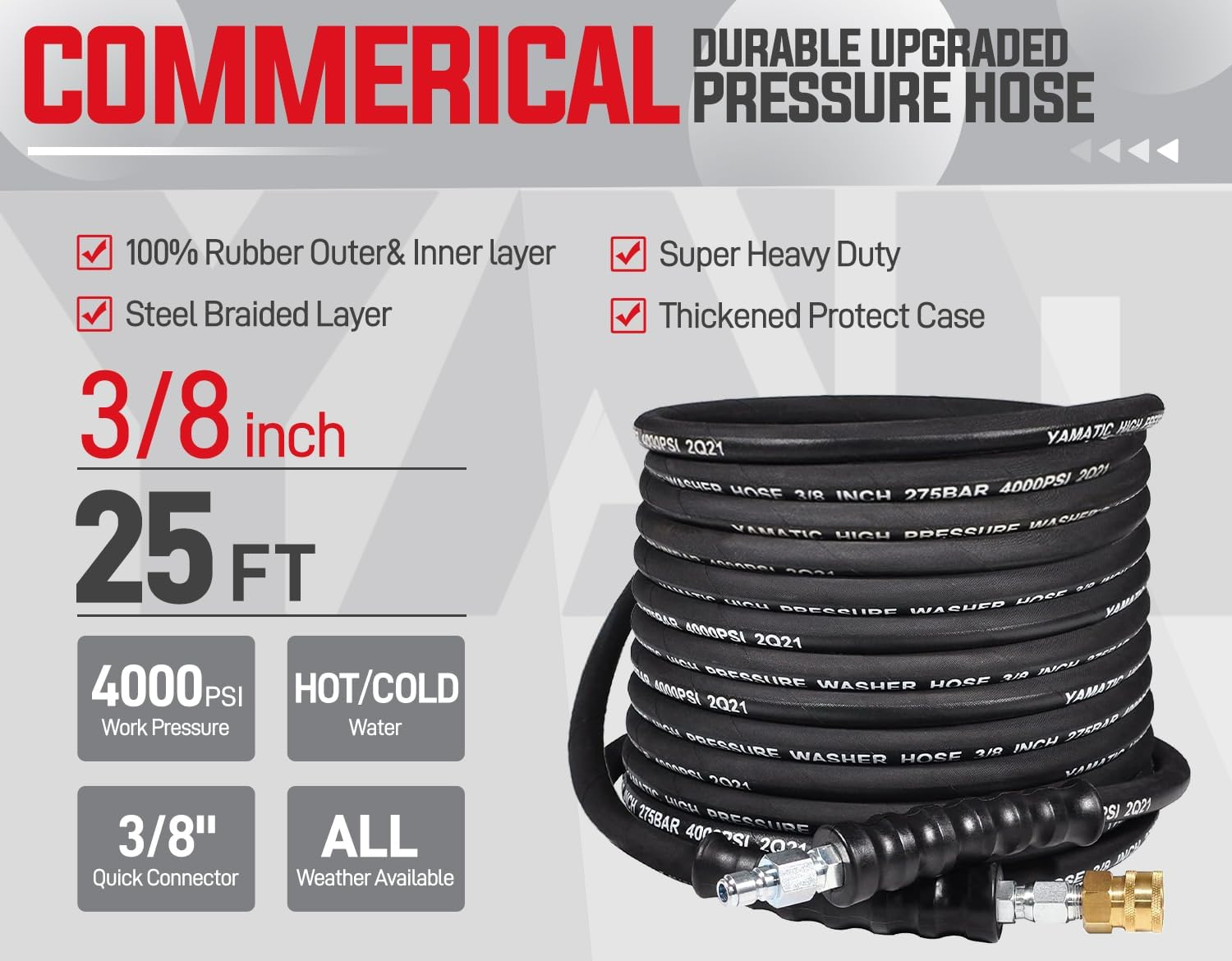 YAMATIC 3/8" Pressure Washer Hose 50FT Hot Water Power Washer Hose Max 212&deg;F with Swivel Quick Connect, 4000 PSI Commercial Grade Steel Wire Braided & Synthetic Rubber Jacket, Kink Resistant image number 2