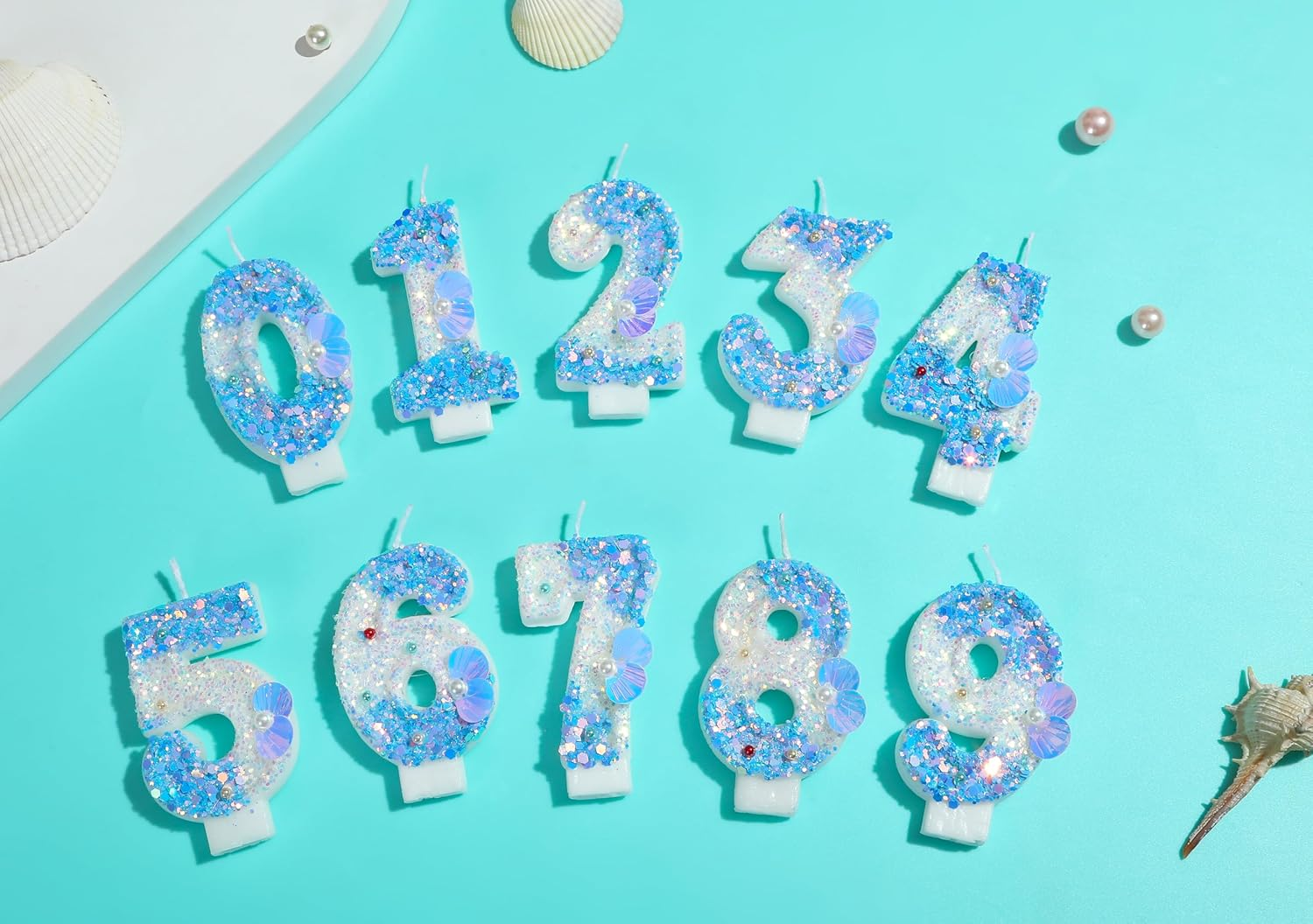 Number 2 Candle with 3D Sea Shell and Frozen Blue Sequins Glitters for Boy Girl Happy 2Nd Mermaid Birthday Party Decorations and under the Ocean Sea Themed Supplies image number 4