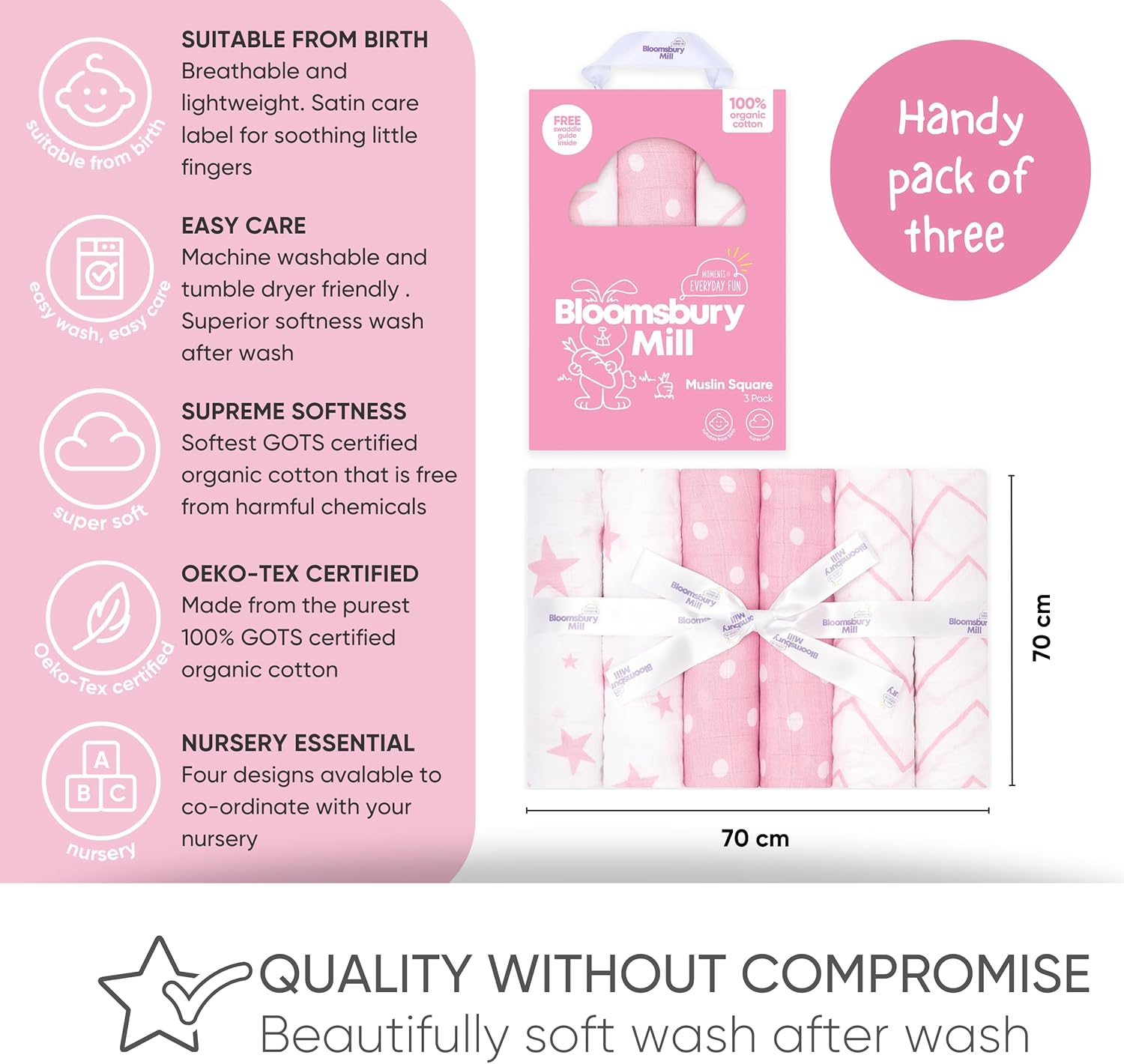 Bloomsbury Mill - Muslin Cloths for Baby - Soft 100% Organic Cotton Muslin Squares - Baby Muslins Pack of 3 - Large Burp Cloths - Newborn Essentials - Pink & White - 70X70Cm - Animal Print image number 7
