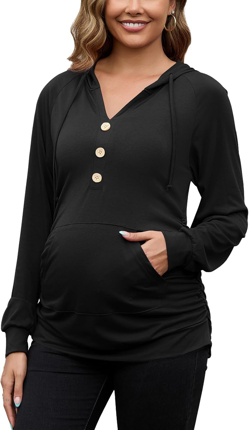 GINKANA Maternity Hoodies Long Sleeves Shirts Half Button Decoration Sweatshirt V Neck Pullover with Pockets Pregnancy Tee