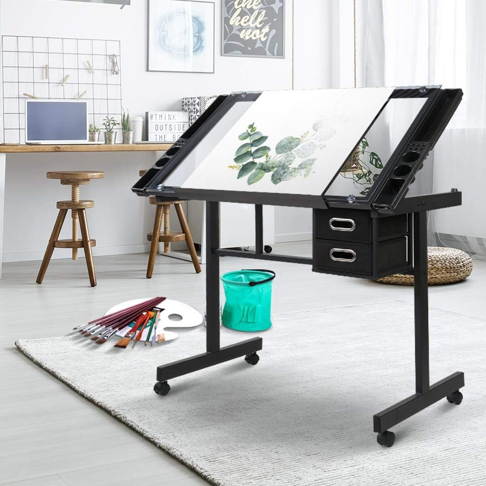 Artiss Drawing Table, Metal Adjustable Drafting Tables Desk Craft Standing Desks for Artwork Work Bench Painting Studio, Tempered Glass Desktop with Removable Drawers Storage Tray Castor Pad Black image number 3