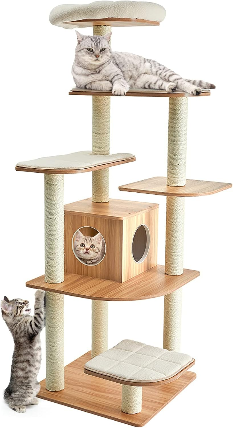 Costway 179 CM Tall Wooden Cat Tree, 7-Layer Cat Tower with Sisal Scratching Posts, Self Groomer, Top Perch, Private Condo, Washable Cushions, Cat Activity Center for Indoor Cats, Retro Cat Furniture