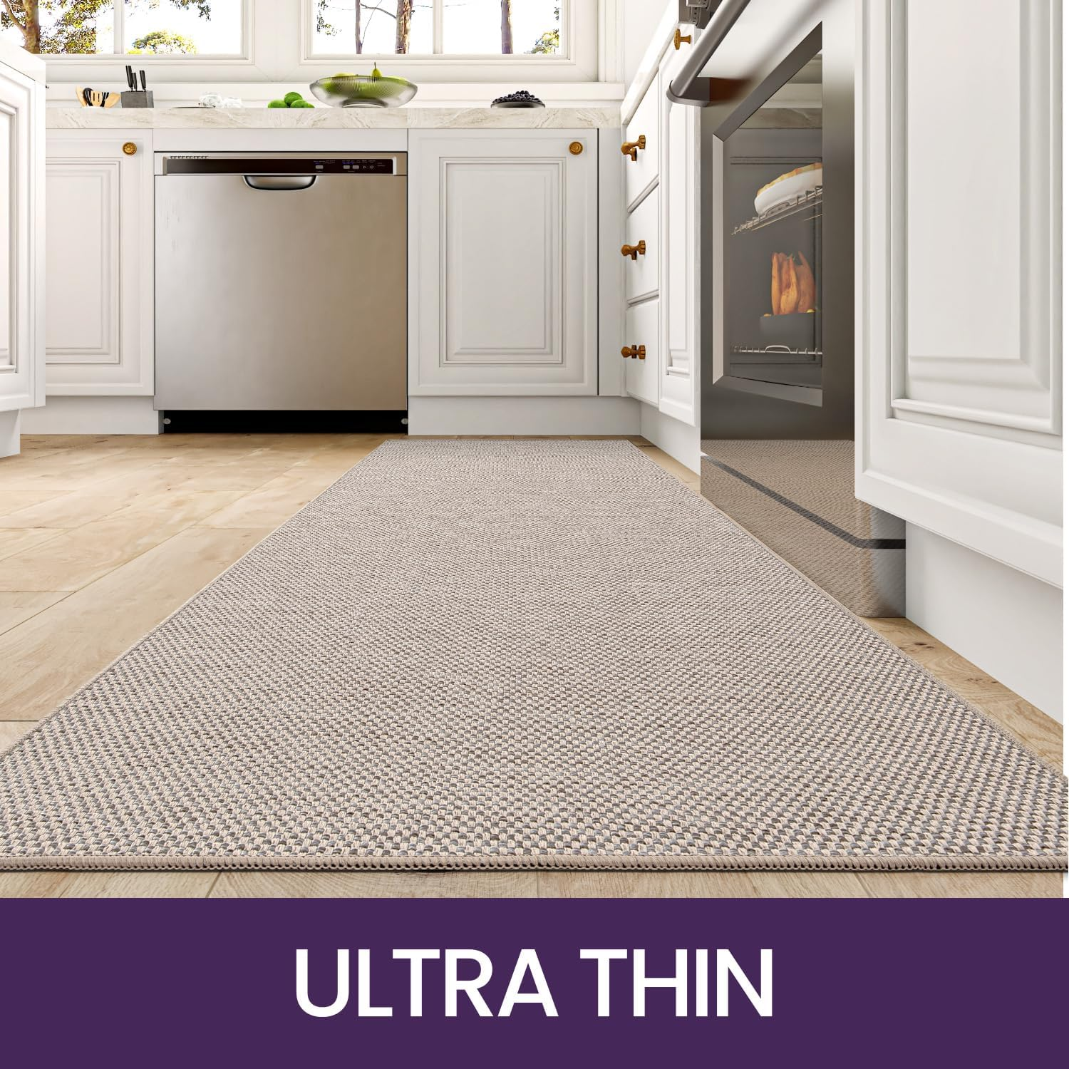 DEXI Kitchen Rugs and Mats for Floor, Non Slip Washable Absorbent Thin Woven Runner Rug for Front of Sink, Laundry Room, Hallway, 43.5X75Cm+43.5X150Cm, Beige - Grey image number 2