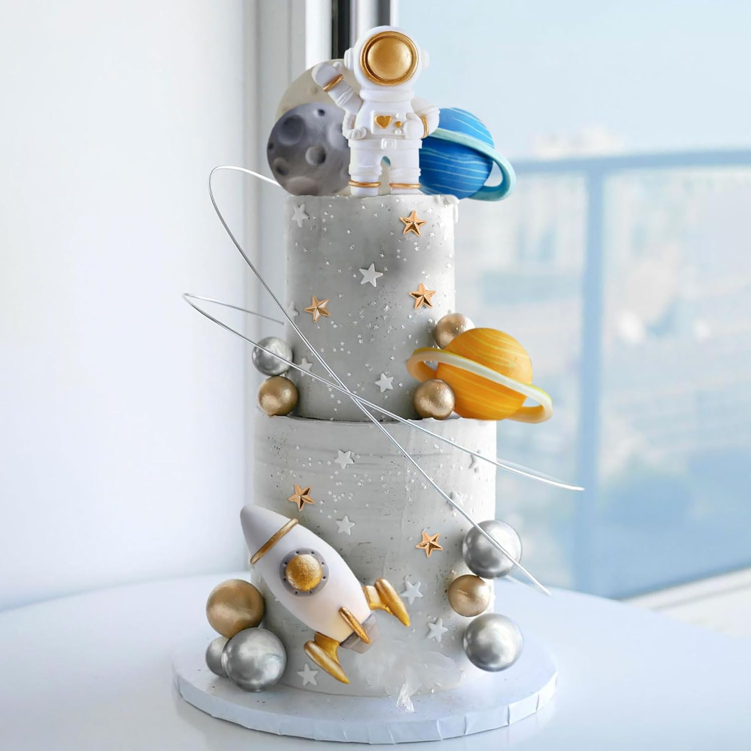 Jevenis Outer Space Cake Toppers Astronaut Rocket Stars Cake Decorations for Two the Moon First Trip around the Sun Birthday Baby Shower