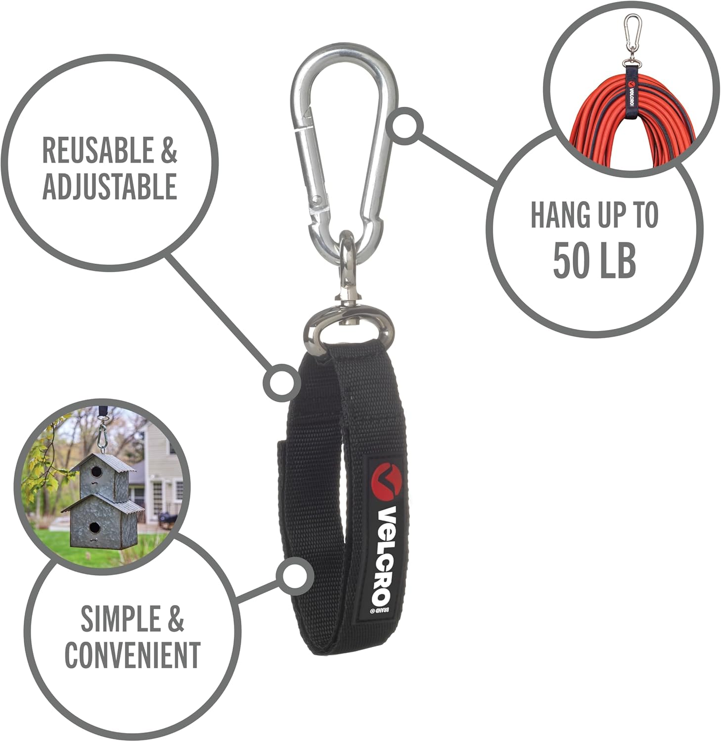 VELCRO Brand VEL-30196-USA Easy Hang Strap with Carabiner Clip Attach Water Bottles and Accessories to Bikes, Bags and More. Organization for Garden, Shed, RV. Extra Small-1Pk, Black image number 3