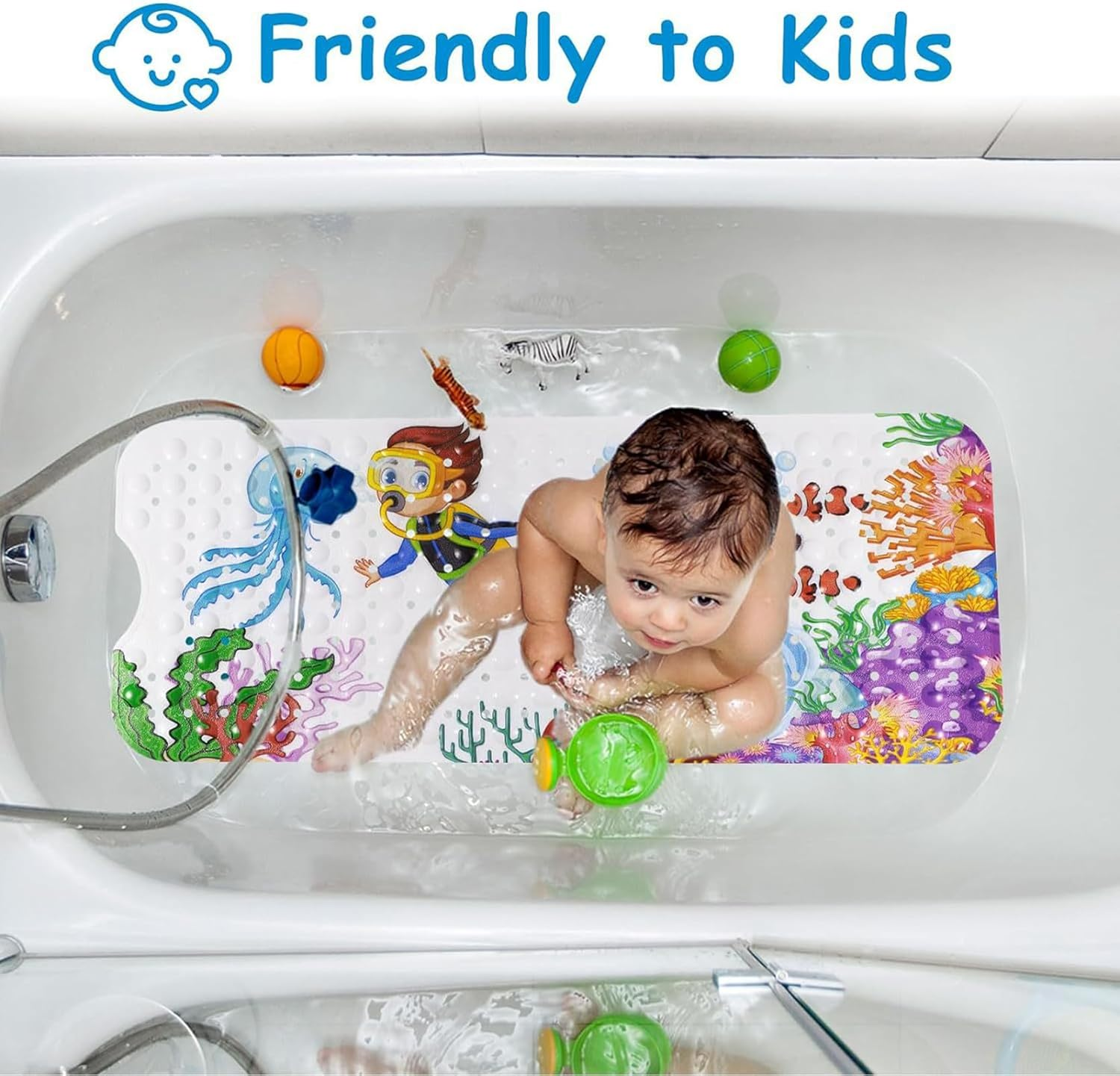 Baby Bath Mat 100X40Cm Non Slip Kids Bathtub Mat with Suction Cups & Drain Holes Cute Cartoon Bath Tub Mat/Shower Mat for Bathroom Baby Toddlers Children Machine Washable (Multicolor1)