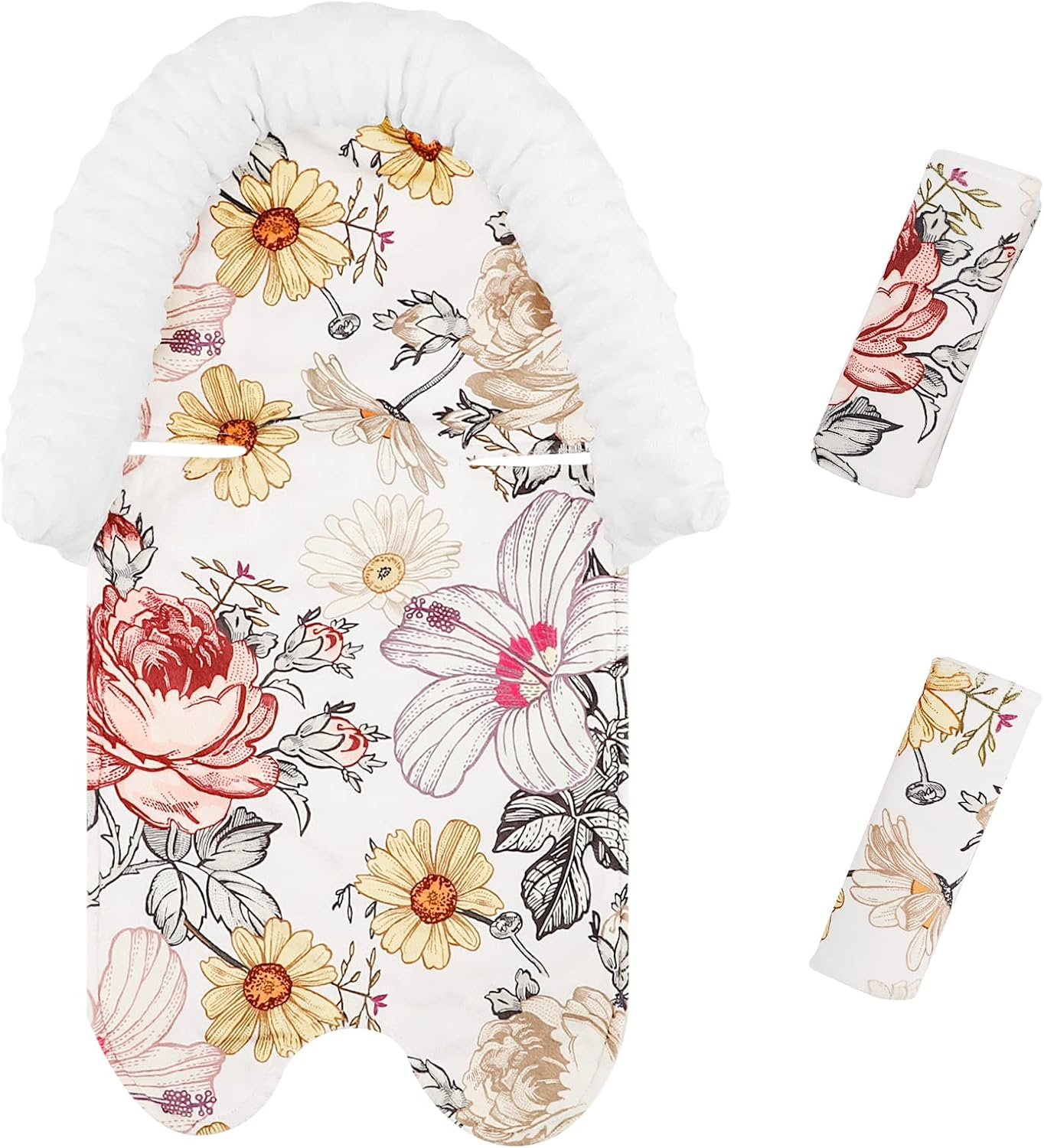 2-In-1 Baby Head Support and Strap Cover for Car Seat, Super Soft Minky Floral Carseat Insert Cushion Headrest for Bouncers, Strollers, Swing image number 2