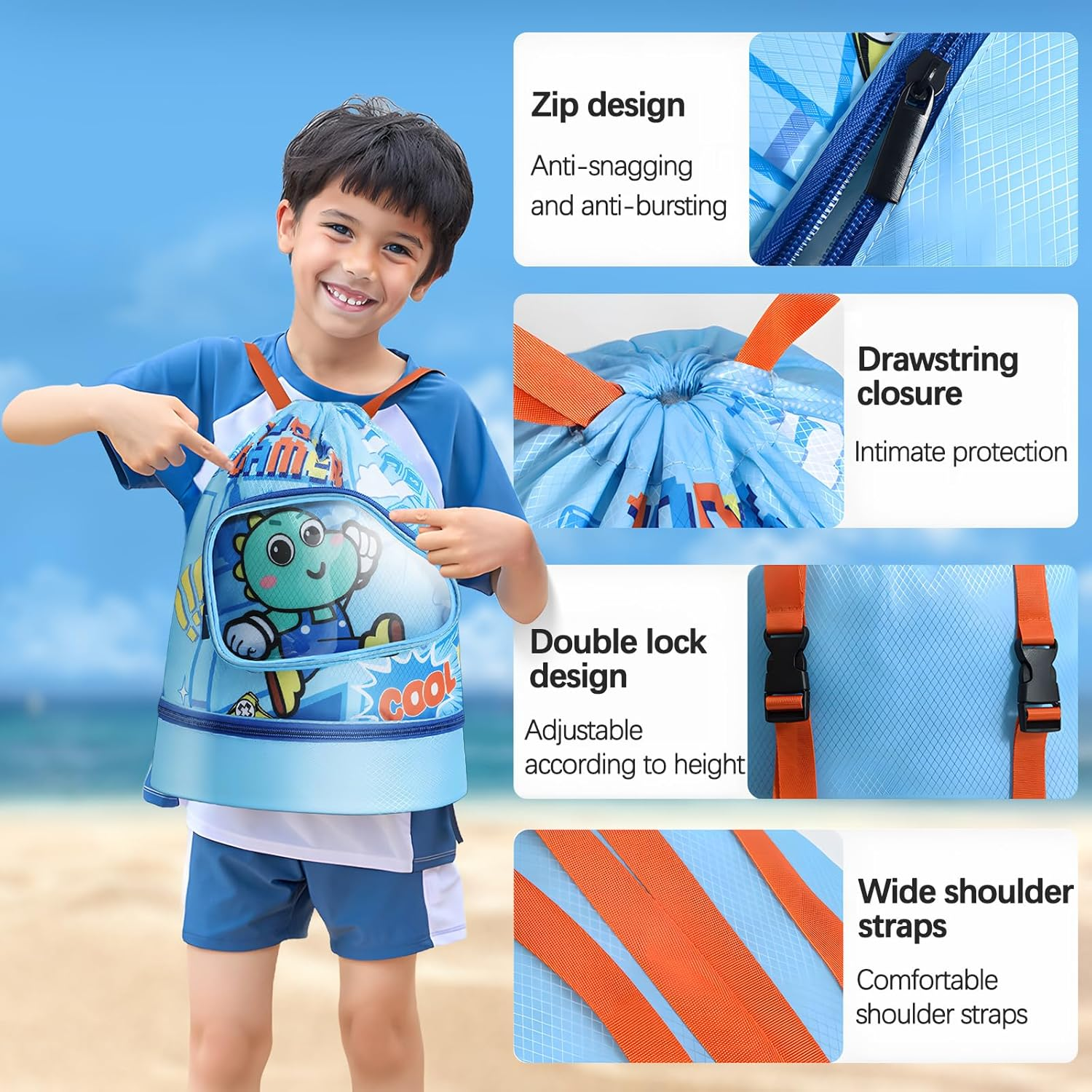 Kids Swimming Bag Waterproof Wet and Dry Storage Backpack Adjustable Shoulder Straps Ideal Children'S Swimming Bag with Waterproof Compartment Ideal for Pool and Beach Activities Swim Bag Kids image number 3