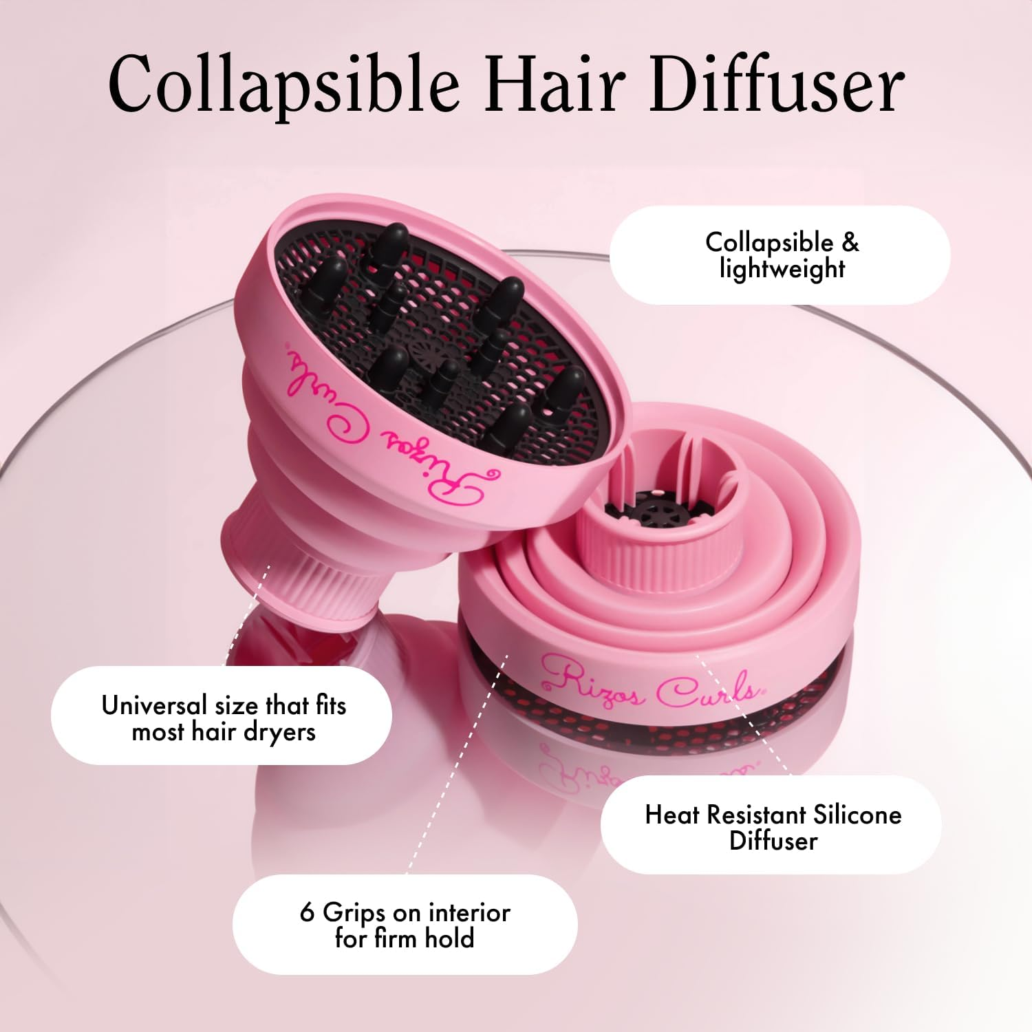 Rizos Curls Collapsible Hair Diffuser, Dry Curls Evenly & Faster, Enhances Curl Definition, Volume, and Minimize Frizz, Universal Size Fits Most Hair Dryers, Pink image number 3