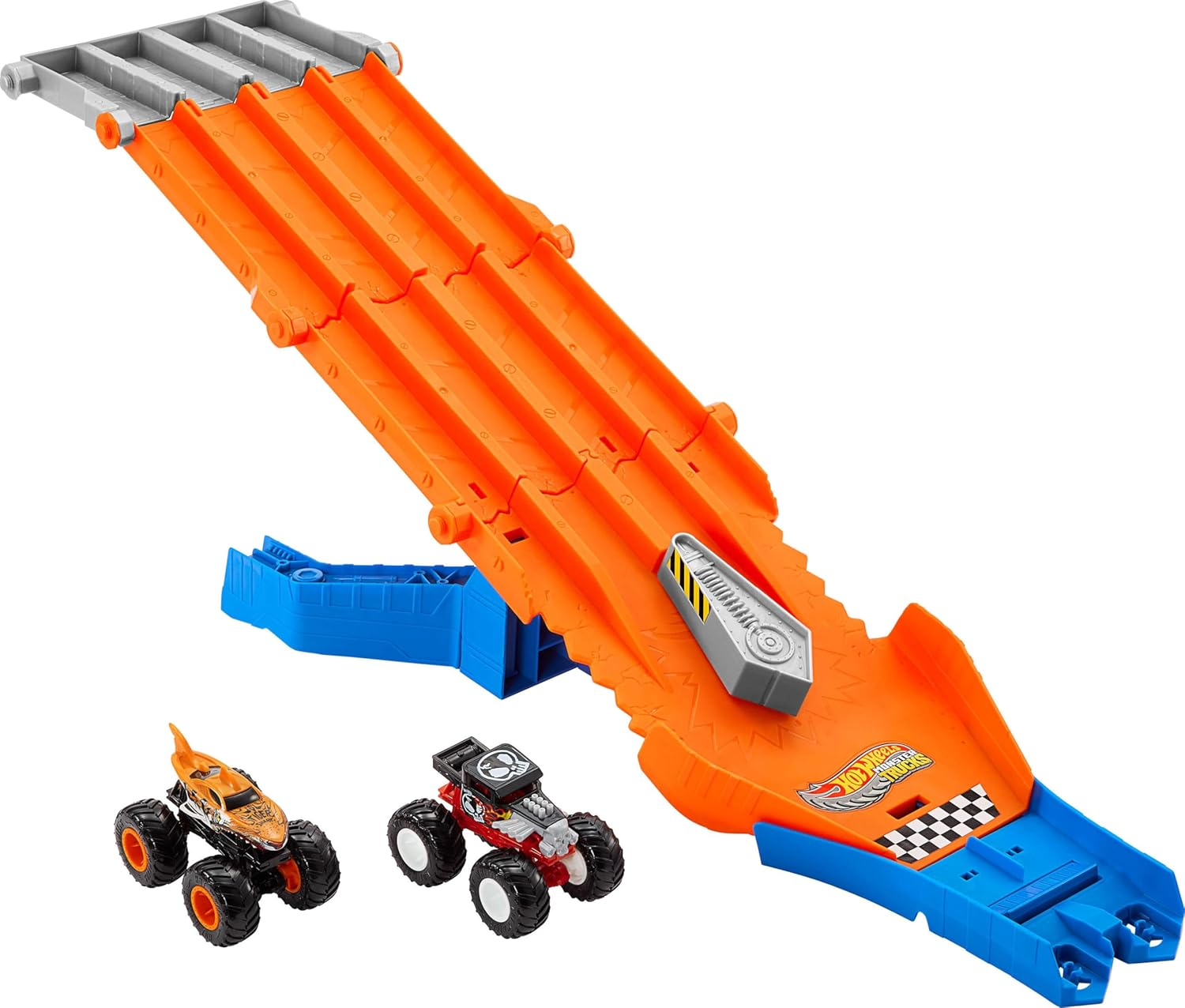 Hot Wheels Toy Monster Trucks Track Set with 1:64 Scale Mega-Wrex & Tiger Shark, Competitive Racing, Sharks Vs. Dinos Racedown Destruction Playset image number 1