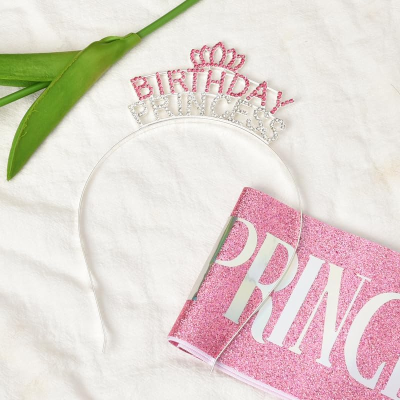 Birthday Princess Sash Headband Set Silver Pink Birthday Girl Crown Headpiece for Women Girls Happy Birthday Party Hats Supplies Decors Signs Birthday Presents for Girls Daughter Granddaughter image number 3