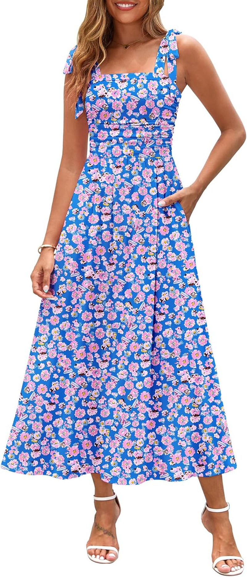 Zattcas Womens 2025 Summer Spaghetti Strap Floral Maxi Dress with Pockets Smocked Flowy Long Beach Vacation Sundresses