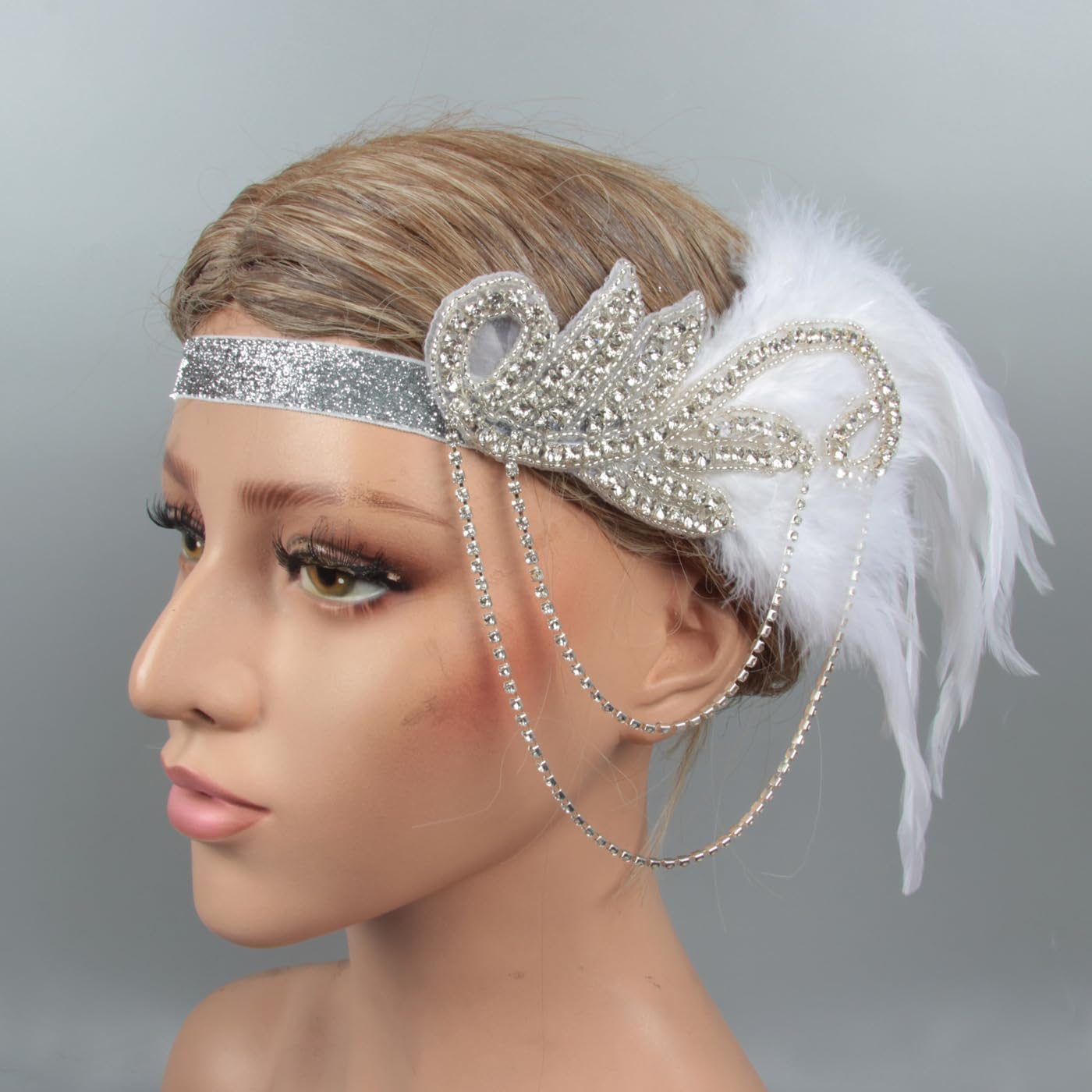 Aoozleny 1920S Feather Headwear, Musical Note Diamond Chain Headpiece, Roaring 20S Great Gatsby Headpiece Hair Accessories for Women (White) - Winered image number 6
