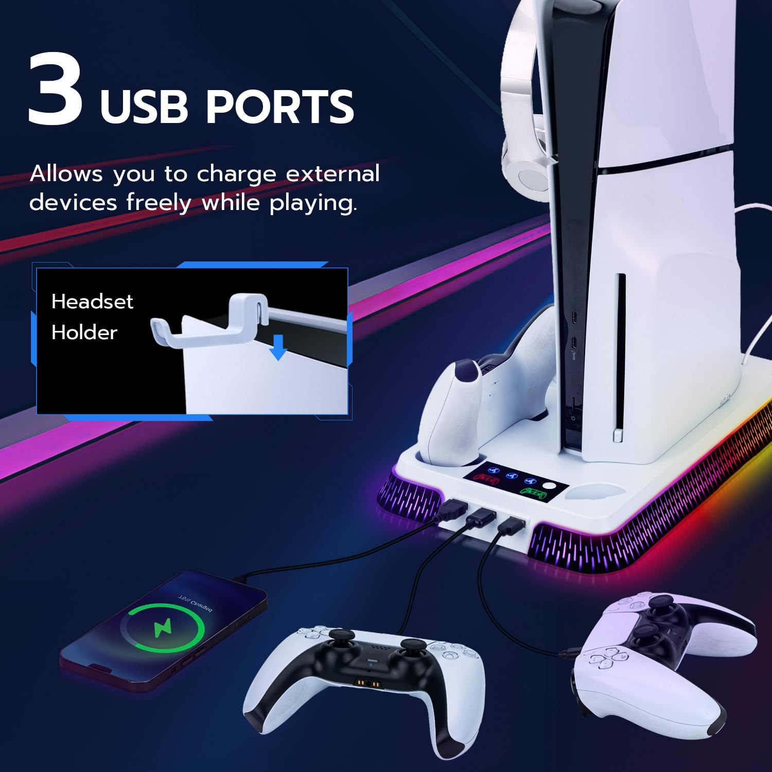 Mcbazel Cooling Charging Dock for PS5 Slim/Pro, Multifunctional Vertical Stand with RGB Cooling Fan,Dual Controller Charger,Headphone Holder,3-Speed Adjustable Fans for PS5 Console