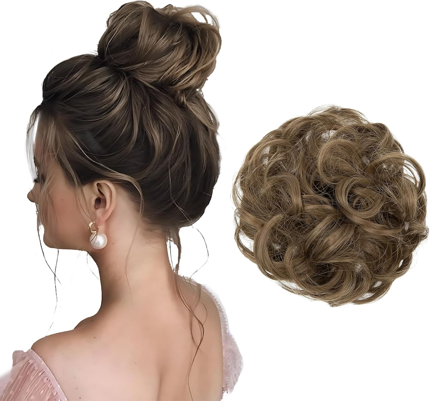 Tavvke Messy Bun Hair Piece for Women, Fluffy Curly Bun Extensions with Elastic Hair Band, Easy to Use Scrunchie for Daily Wear (Light Brown)