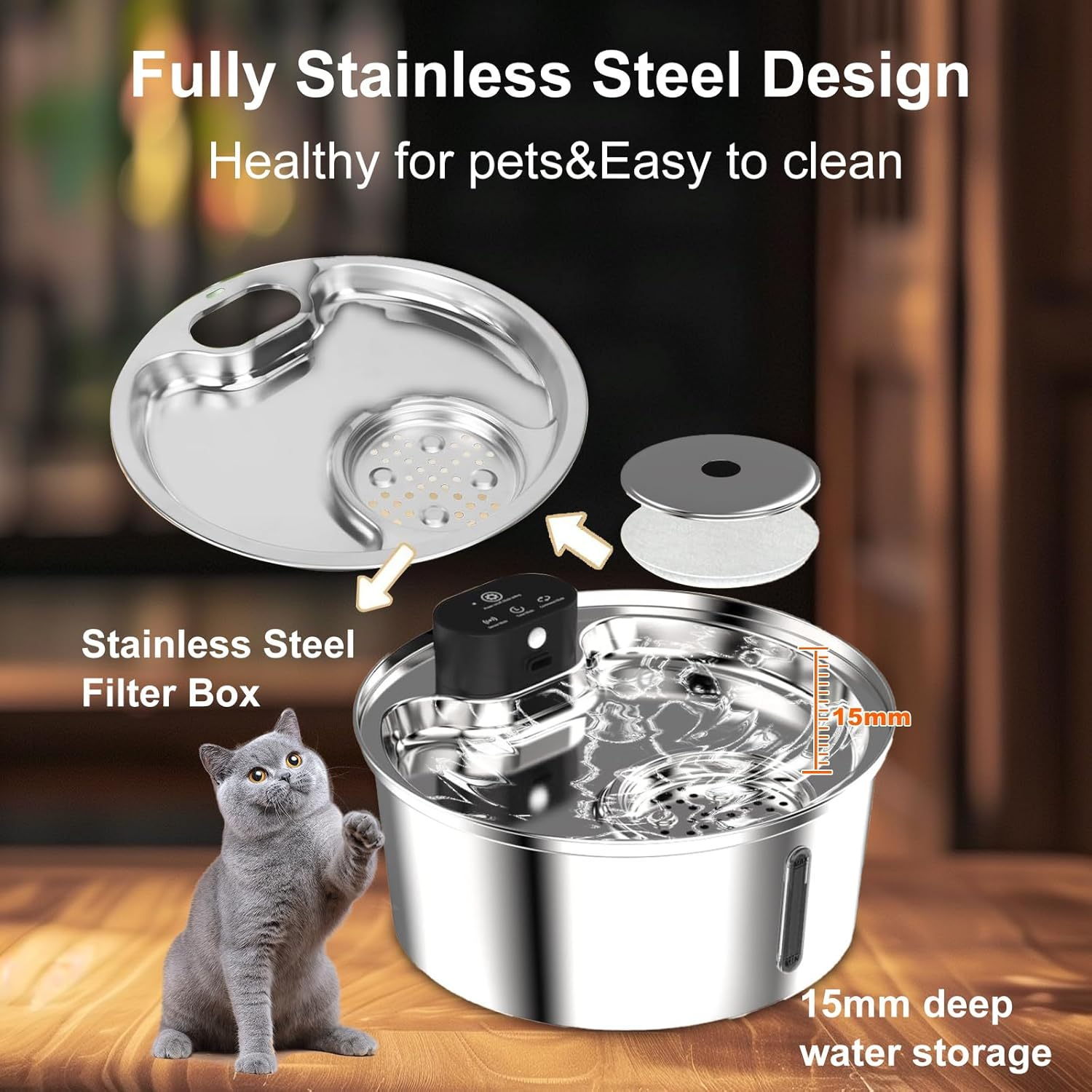 Wireless Cat Water Fountain Stainless Steel, 7L 5000Mah Rechargeable Battery Operated Cat Water Dispenser, Cordless Pet Waterfountain for Cats & Dogs with Motion Sensor, Quiet Pump, Multi-Filtration image number 4