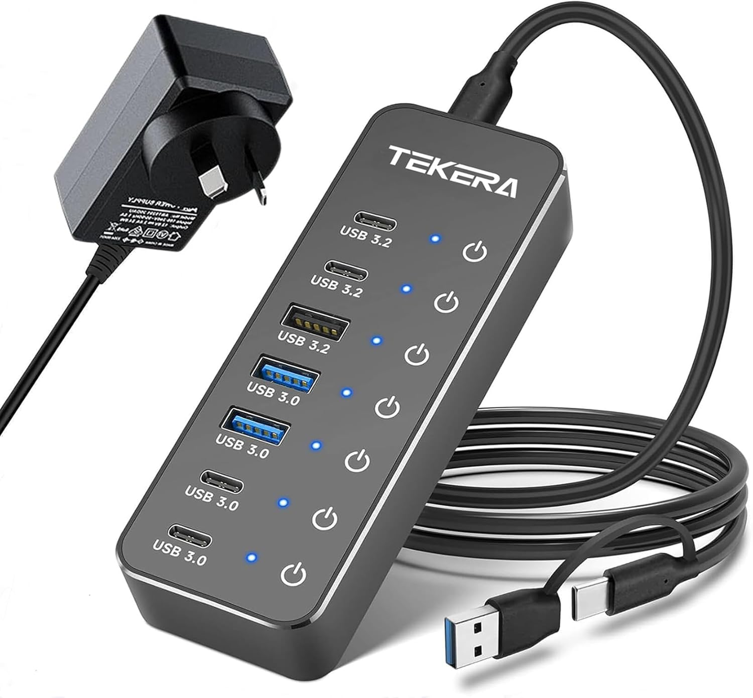 7-Port Powered USB 3.2/USB-C Hub Splitter with 3 X 10Gbps USB-3.2 Ports (2C + 1A),4 USB-3.0 Ports (2C + 2A), 3.3Ft Cable, Touch Switches, and 5V Power Adapter for Laptop PC image number 5