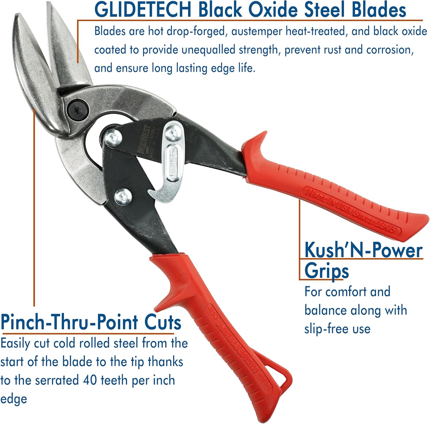 Midwest Tool & Cutlery Blackout Series Aviation Snip - Left Cut Offset Tin Cutting Shears with Forged Blade & KUSH'N-POWER Comfort Grips - MWT-6510LO image number 3