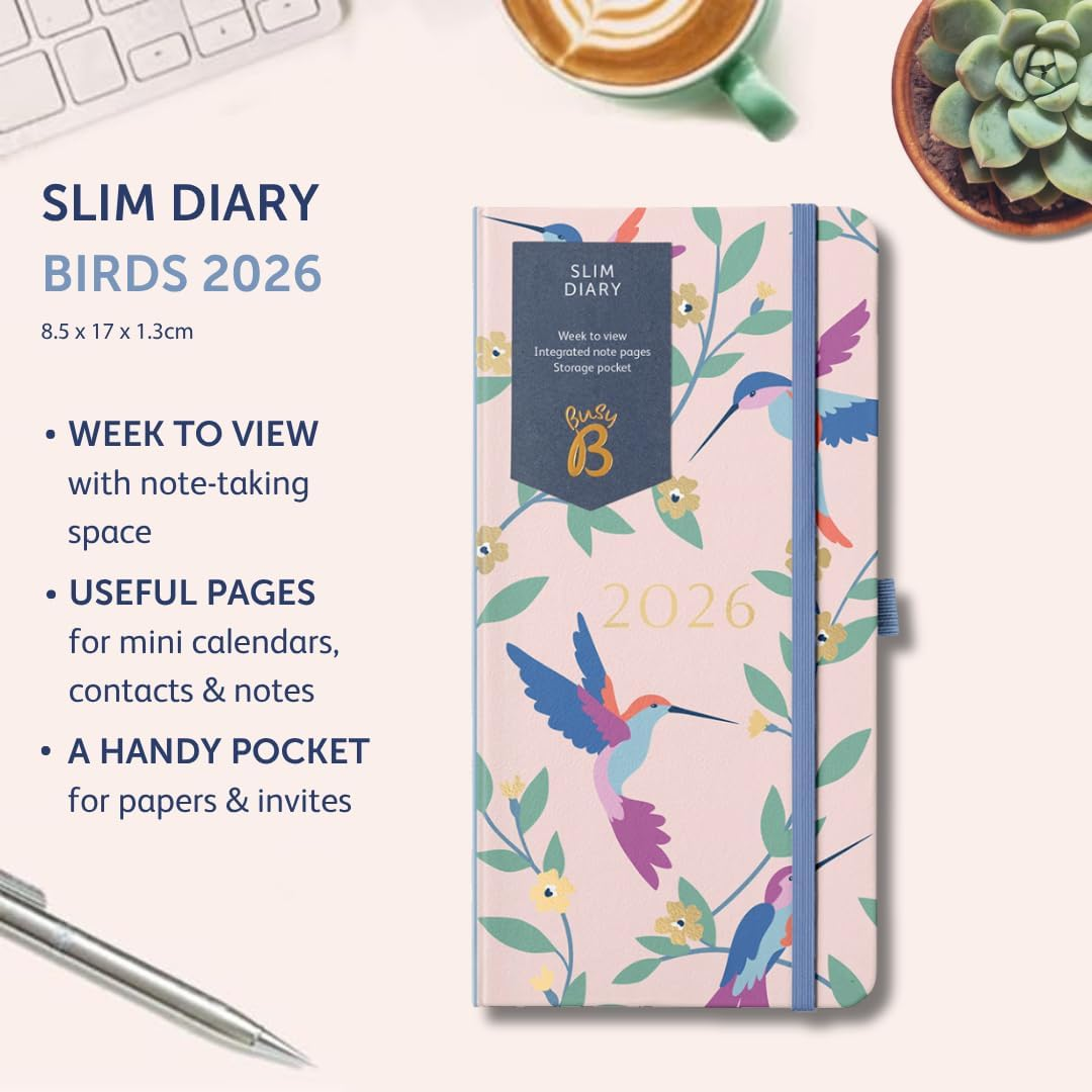 Busy B 2026 Slim Weekly Planner Diary with Birds Cover - Compact Design Pocket Diary, Week to View Layout, Notes Pages & Storage Pocket - Handbag-Sized Journal for Organisation image number 1