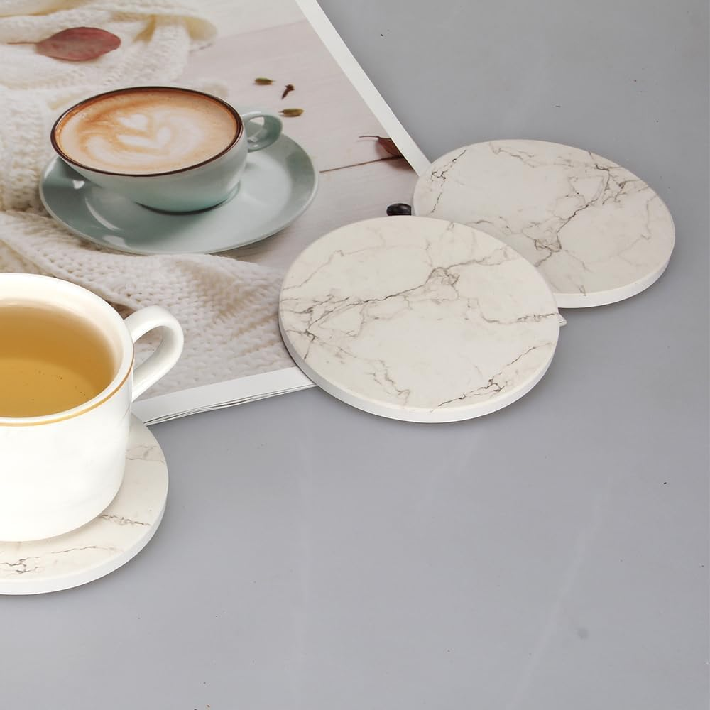 ATDORO Set of 6 Coasters for Drinks, Marble-Style Absorbent Coasters with Holder, Housewarming Gift Home Decor, Suitable for Kinds of Cups (White) - Blue image number 6