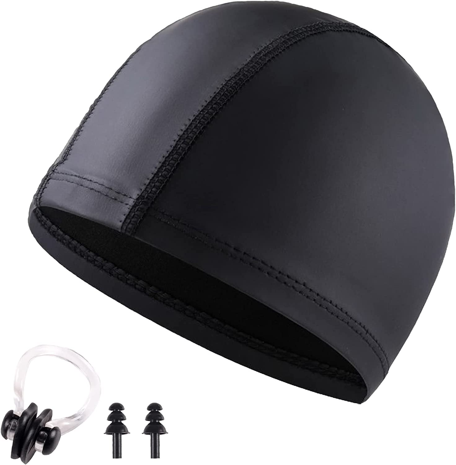 Swim Caps Swimming Bathing Hat Lycra Fabric PU Coating Elastic Waterproof Unisex Adult with Earplugs Nose Clip image number 6