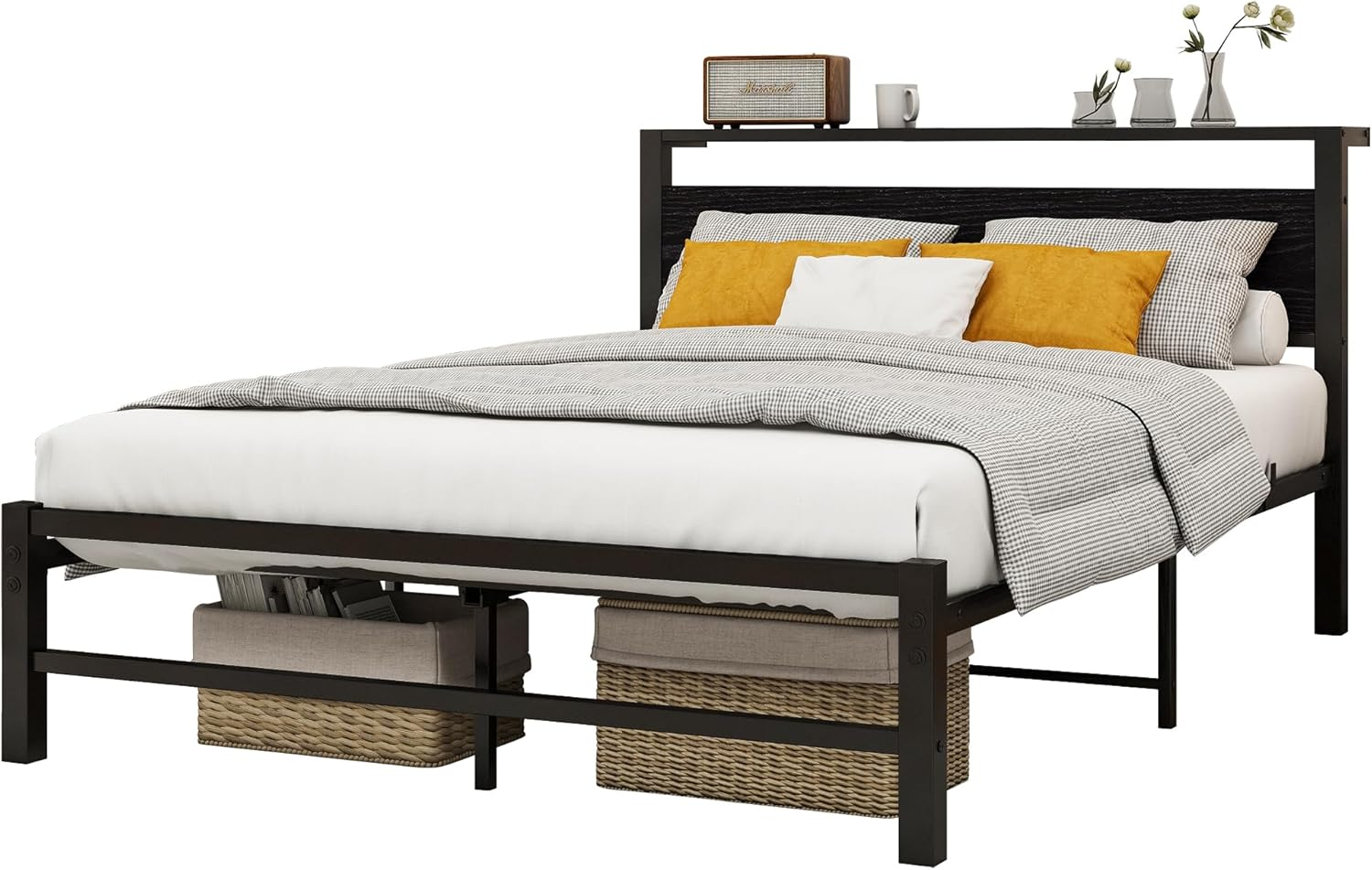 Double Size Metal Platform Bed Frame with Storage Headboard, Bed Frame Double Size No Box Spring Needed, Sturdy Steel Slat, Easy Assembly, Non-Slip Noise Free, Black image number 3