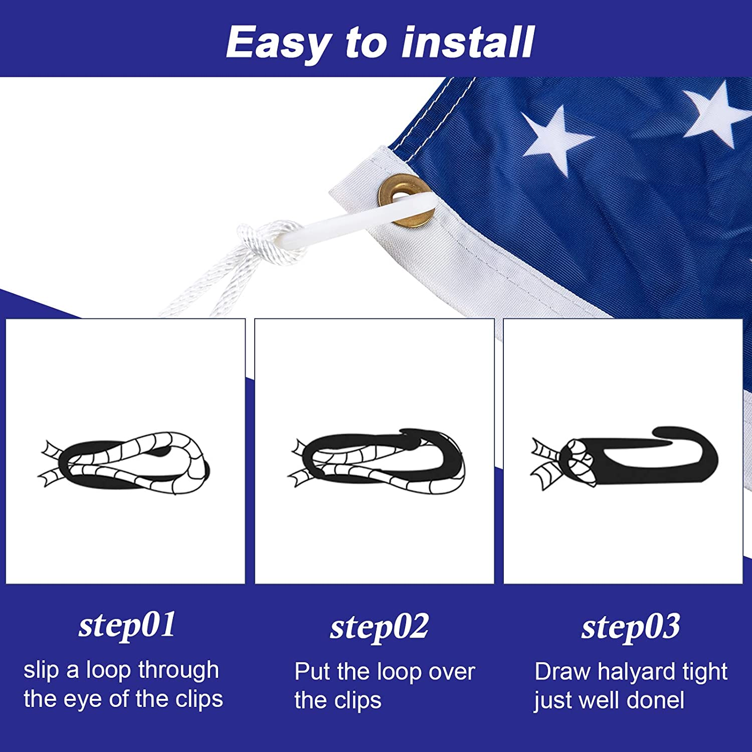NQ 50 Feet X 1/4" Flag Pole Halyard Rope with 4 Pieces Nylon Flag Pole Hook Clips,Outdoor Flagpole Accessories-Double Braided, Compatible with Flagpoles up to 25 Feet image number 2