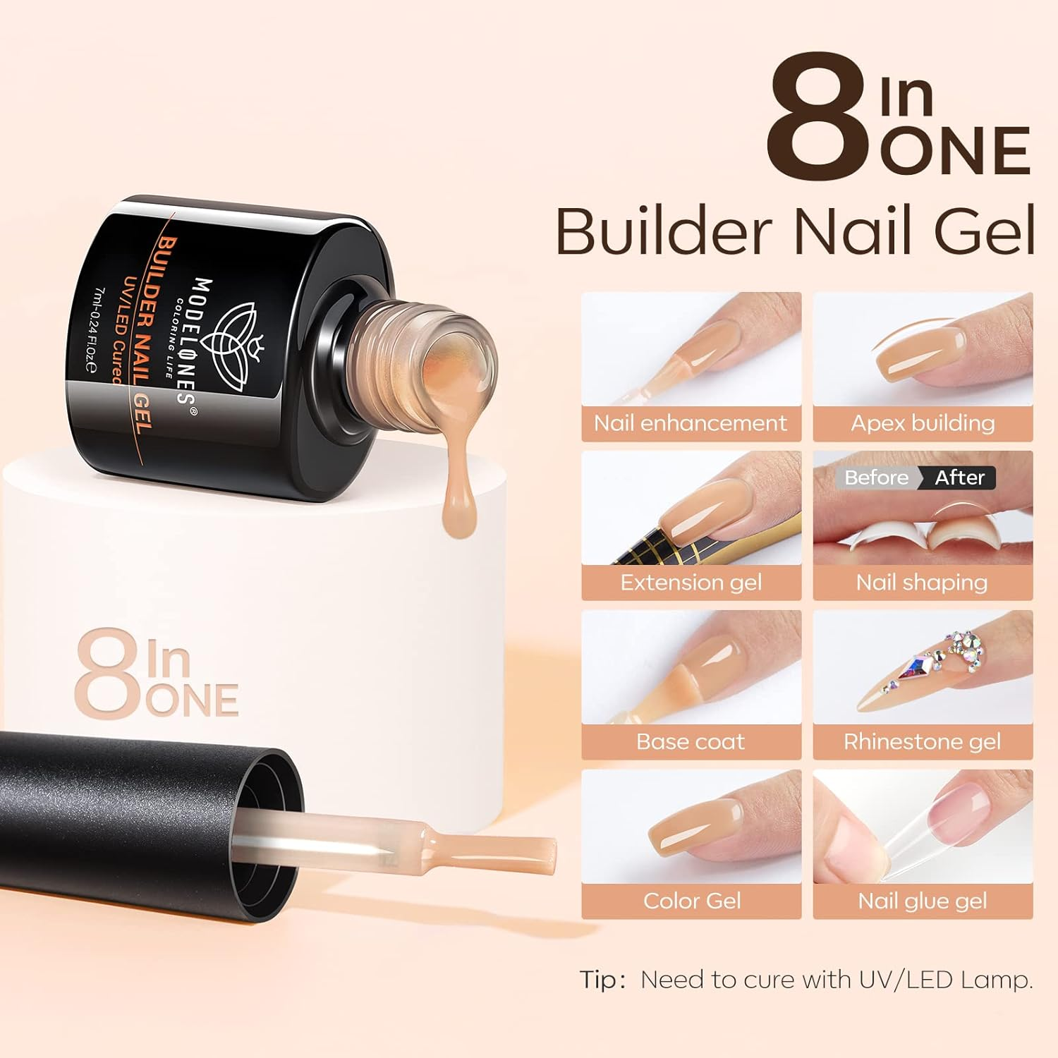 Modelones Builder Nail Gel Set, 6 Colors 8-In-One, Jelly Nude Brown Hard Builder Base Gel in a Bottle Nails Polish Strengthener Extension LED Nail Lamp Cured Color image number 2