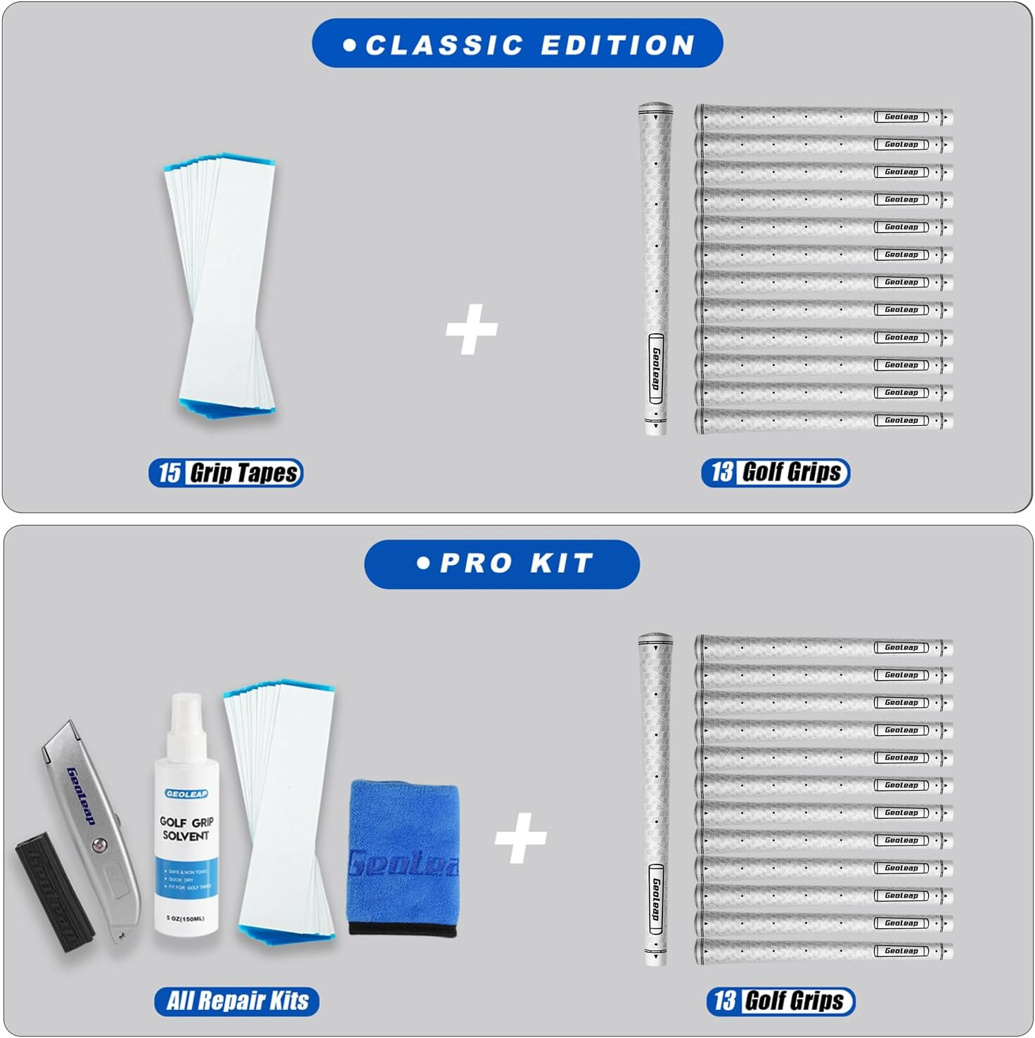 Geoleap Golf Grip Set of 13- Grips with 15 Tapes and Grips with All Repair Kits for Choice,Memory Point Assists Hand Placement,Premium Rubber Golf Club Grips with Corrugated Textured Control Technology. image number 2