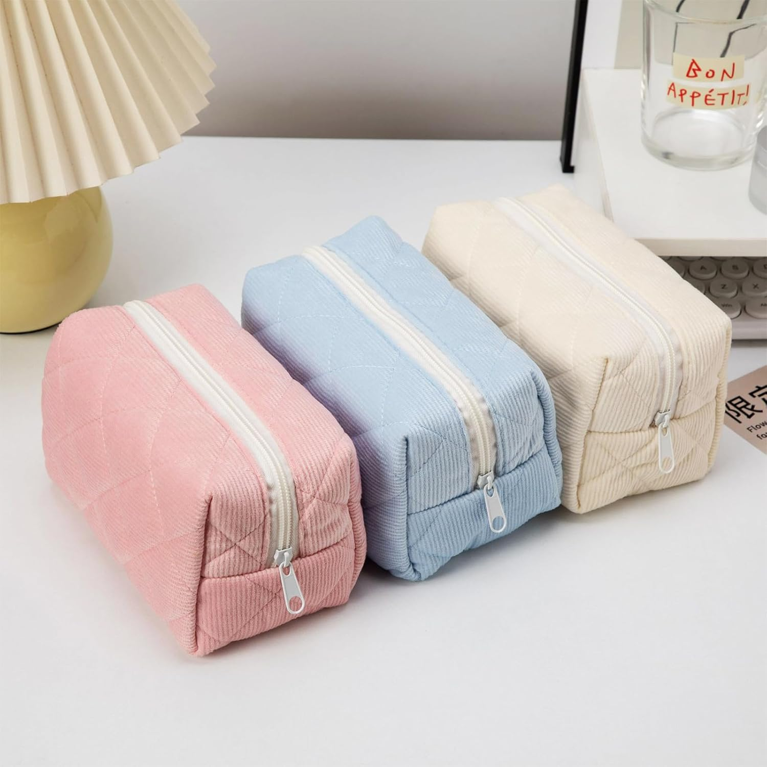 Small Makeup Bag for Purse Corduroy Makeup Bag Travel Makeup Pouch Mini Cosmetic Bag for Women Pink image number 3