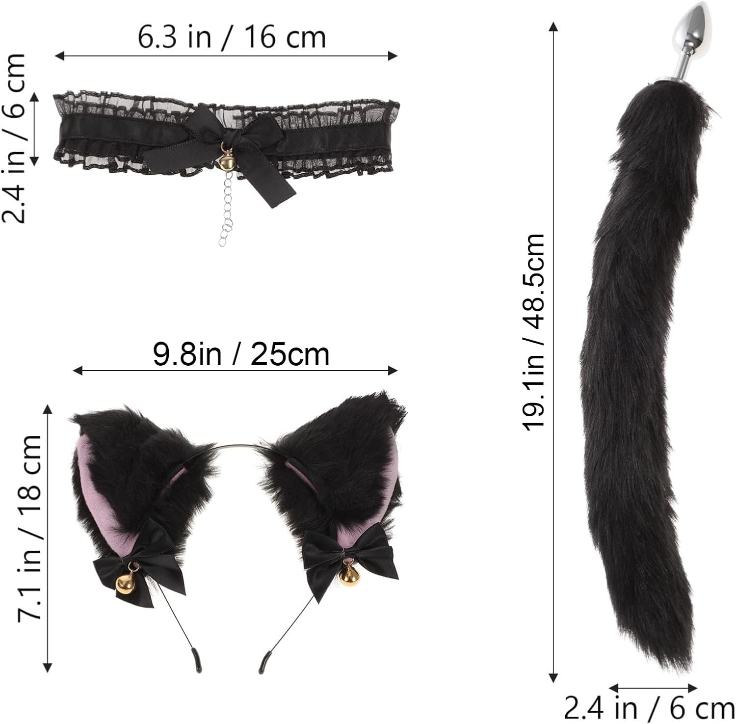 6Pcs Anal Plug Tail, Furry Fox Tail Plug Animal Ear Headband Collar Chest Clip Ball, Anal Plug Role-Playing Costume Set, Sex Toy (Black) image number 6