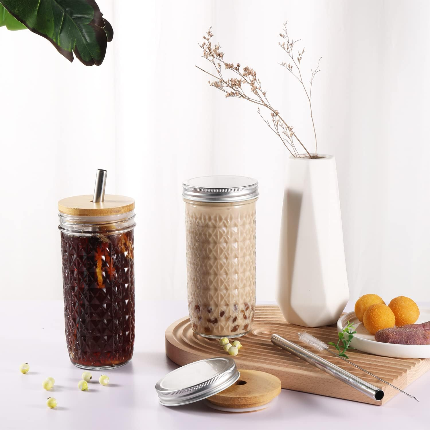 Boba Cup, Reusable Bubble Tea Cup, Glass Cups Set, 2 PCS Mason Jar Cups with Bamboo Lids and Straws & 2 Airtight Lids, 24 Oz Diamond Texture Wide Mouth Iced Coffee Glass Tumblers, Smoothie Cups image number 4